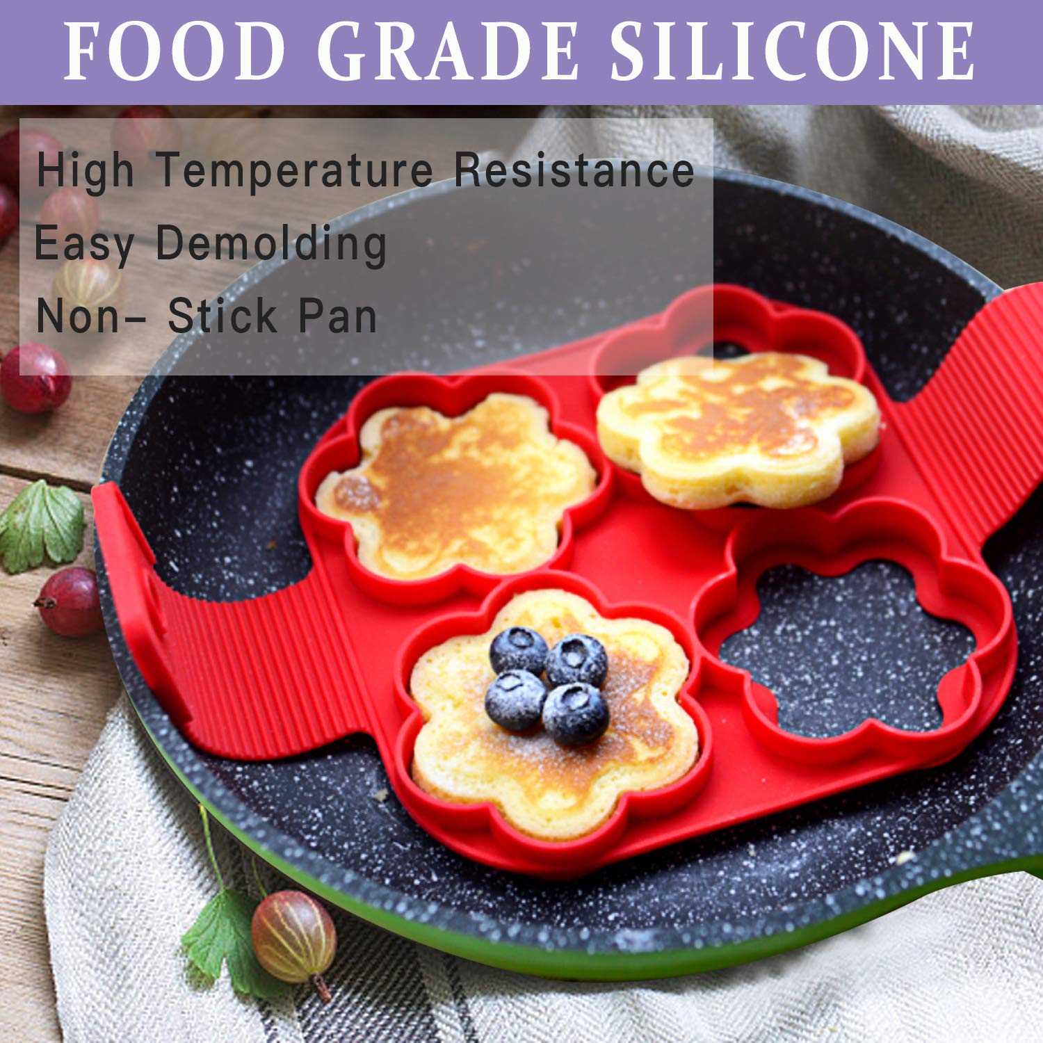 Pancake Making Mold Akamino Fried Egg Mold Reusable Silicone Pancake Maker With 4 Cavity (Heart Round Star) - 4 Pieces