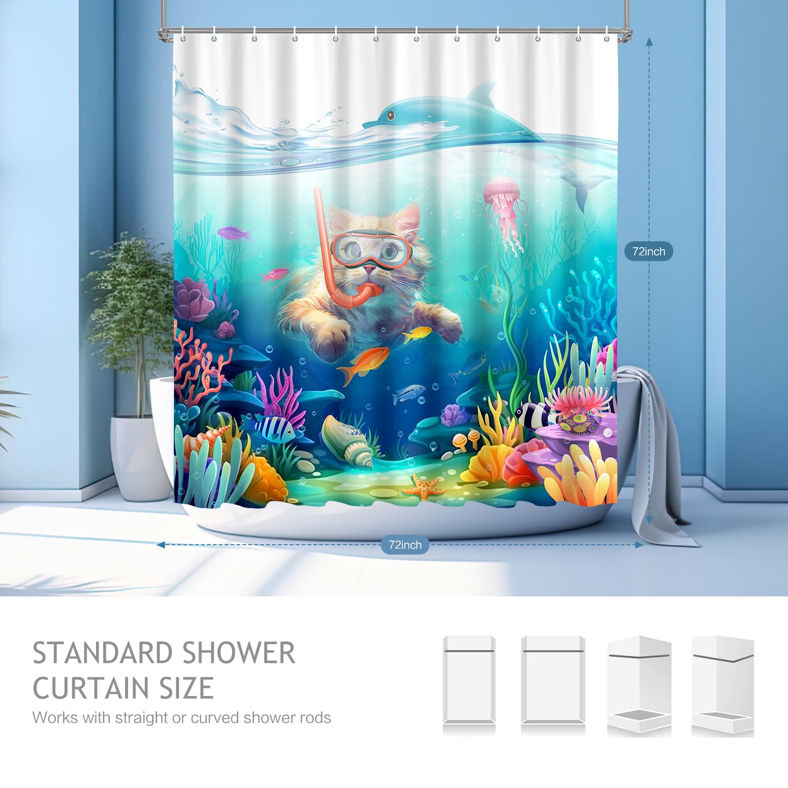 Vimorco Diving Cat Shower Curtain, Funny Cat Shower Curtains For Bathroom, Waterproof Quick-Dry Polyester Fabric Shower Curtain,