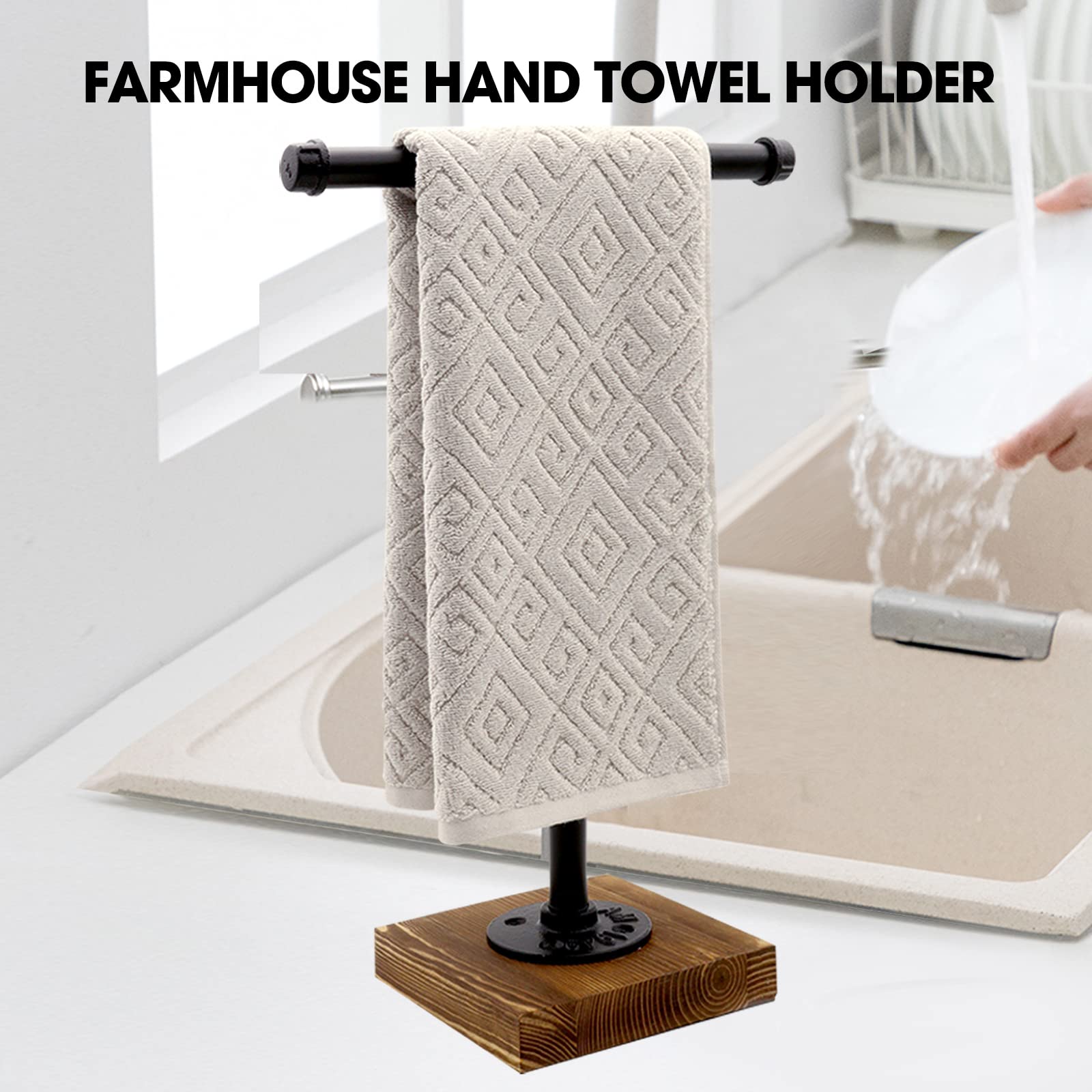 Yessap Hand Towel Holder, T-Shape Height 15'' Black Hand Towel Holder Stand, Free Standing Hand Towel Holder For Bathroom Counte