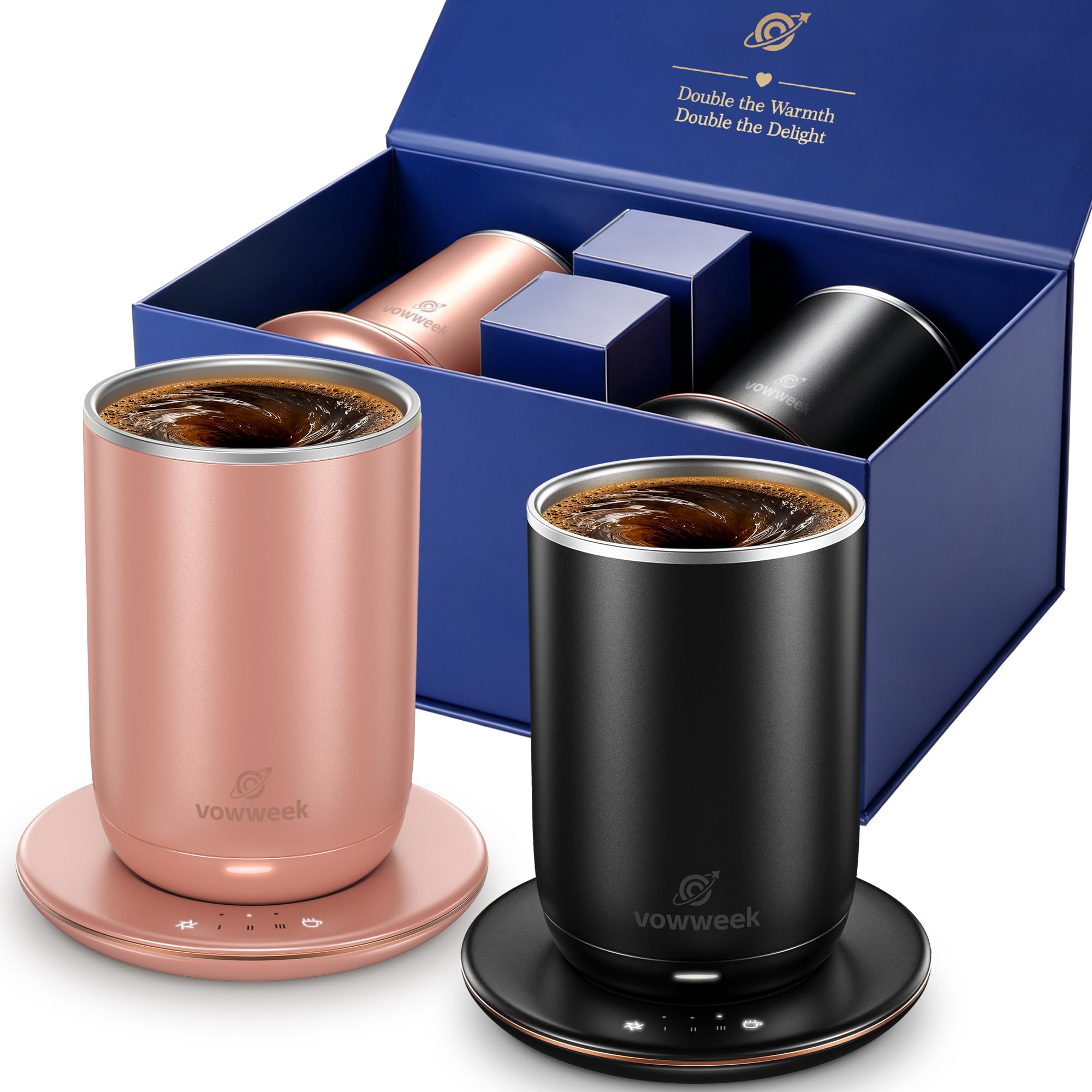 Self Heated Stirring Mugs Set of 2, 10oz Cups with Warmer, Black & Rose