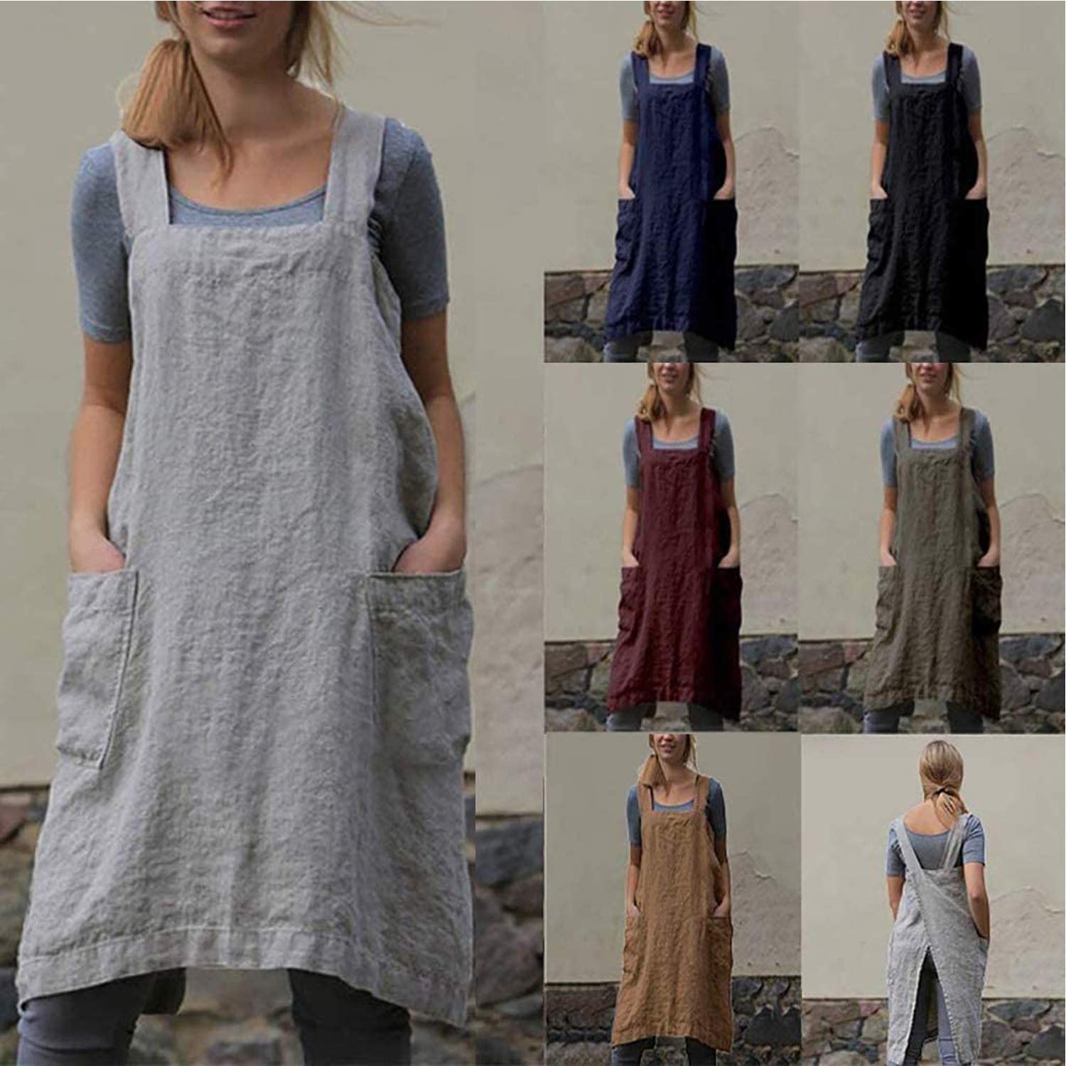 Amlztr Women'S Pinafore Apron Cross Back Apron With Pockets Cotton Linen Apron Dress Plus Size