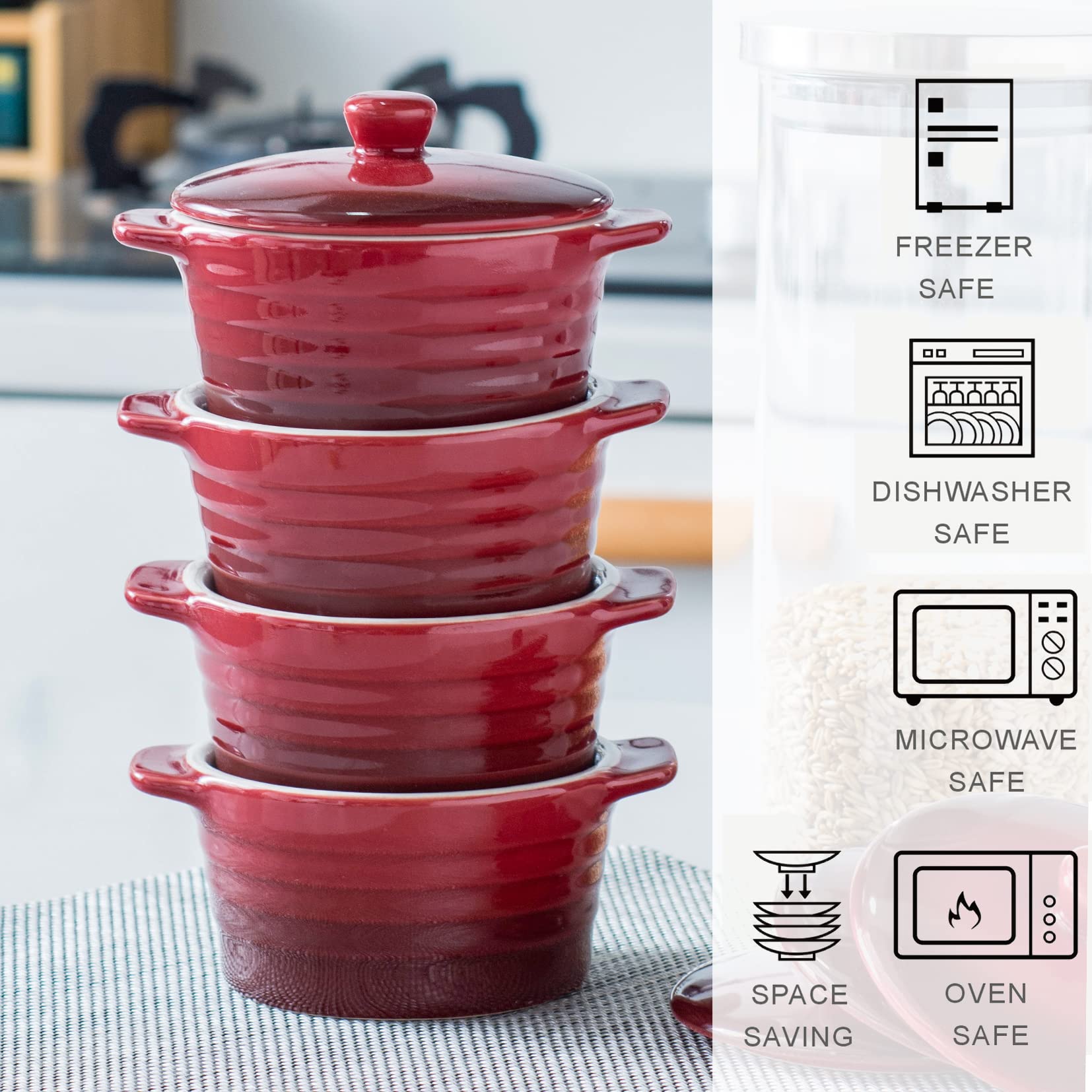 Unicasa 8 Oz Ceramic Ramekins With Lid, Mini Casserole Dish With Handles Set Of 4, Porcelain Small Baking Dish, Round Small Coco