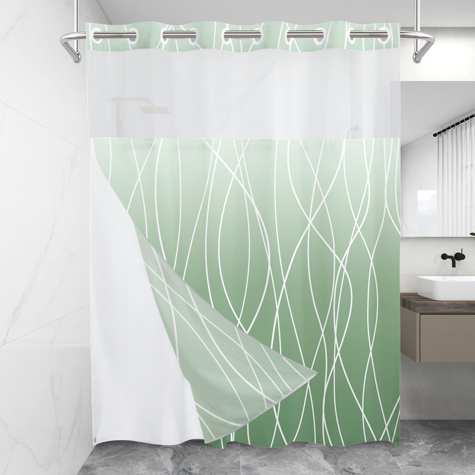 Lxbni No Hook Ombre Green Striped Shower Curtain With Snap In Fabric Liner Set - Hotel Shower Curtain And Liner Set With See Thr