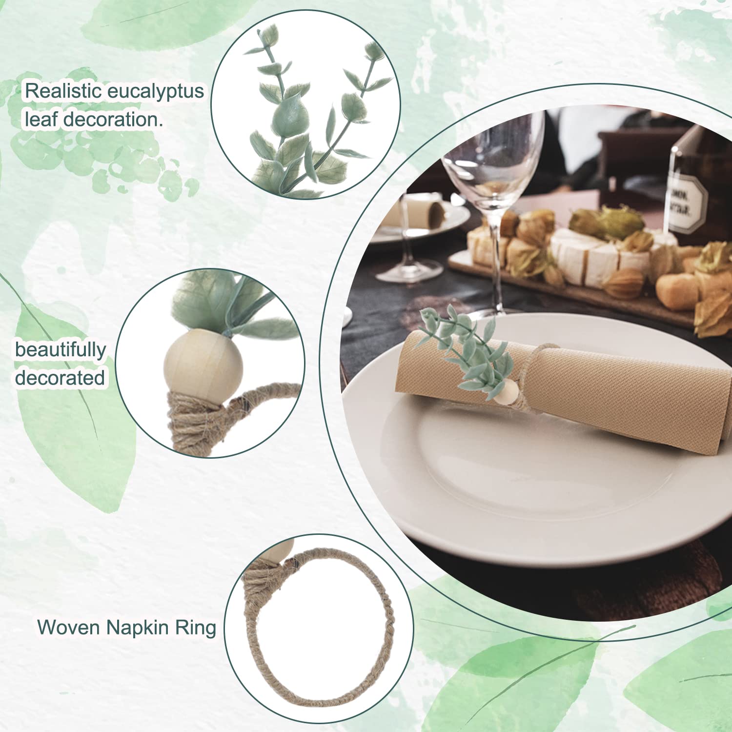 Mlurcu Napkin Rings Set Of 12, Eucalyptus Napkin Rings Christmas Napkin Rings Green Leaf Napkin Rings Spring Wood Bead Rustic Na