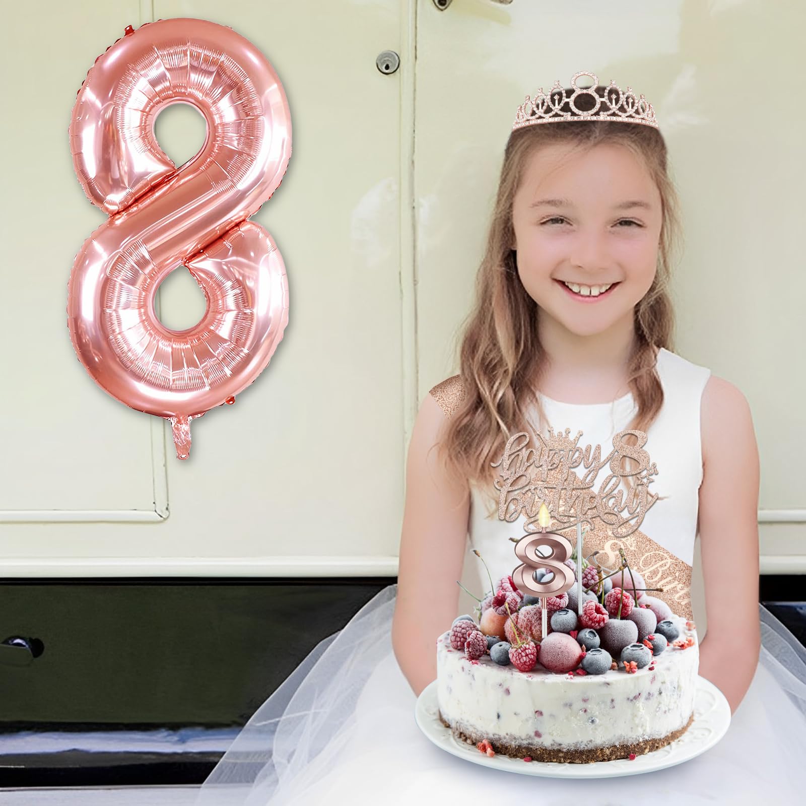 8Th Birthday Decorations Gifts For Girls Including 8Th Birthday Girl Sash And Tiara, 8Th Birthday Candles And Cake Topper, Numbe