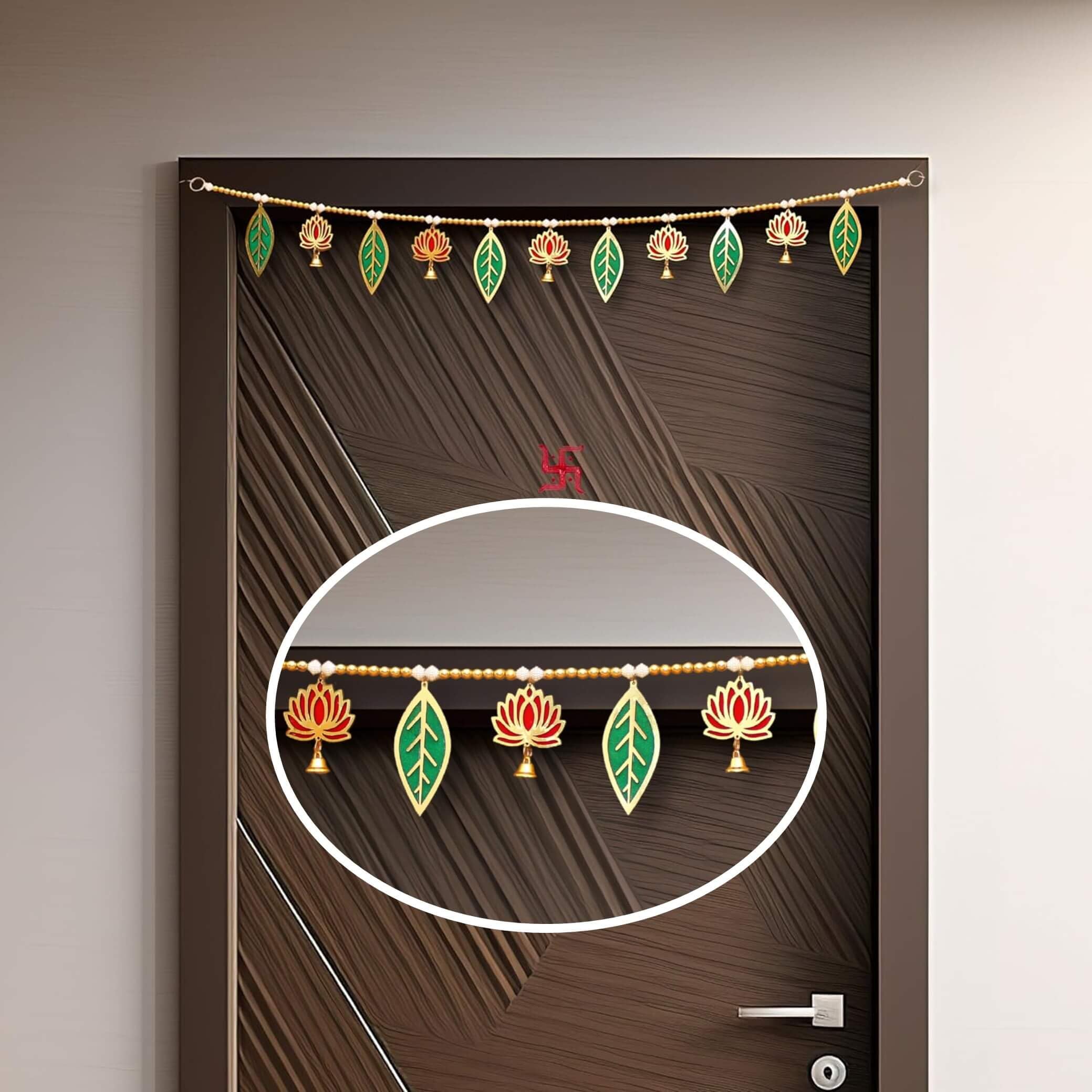 Creyentes Handmade Pink Lotus Mango Leaf Toran With Side Hangings, Bandanwar, Door Hanging For Main Entrance, Mdf, Temple, Weddi