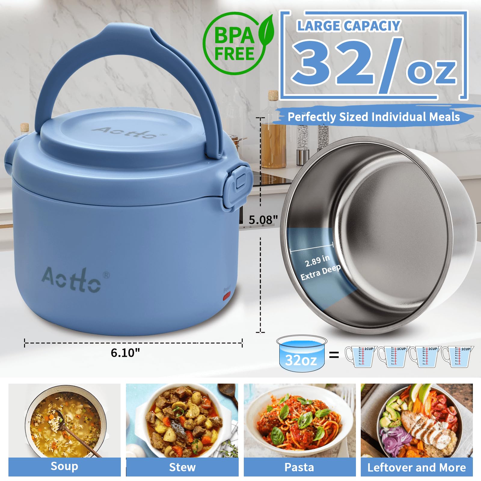 Aotto Electric Lunch Box, 32 oz Portable Food Warmer Heater, Lunch Warmer Portable for Work/Office/Car/Travel 12V/24V/110V 3-in-