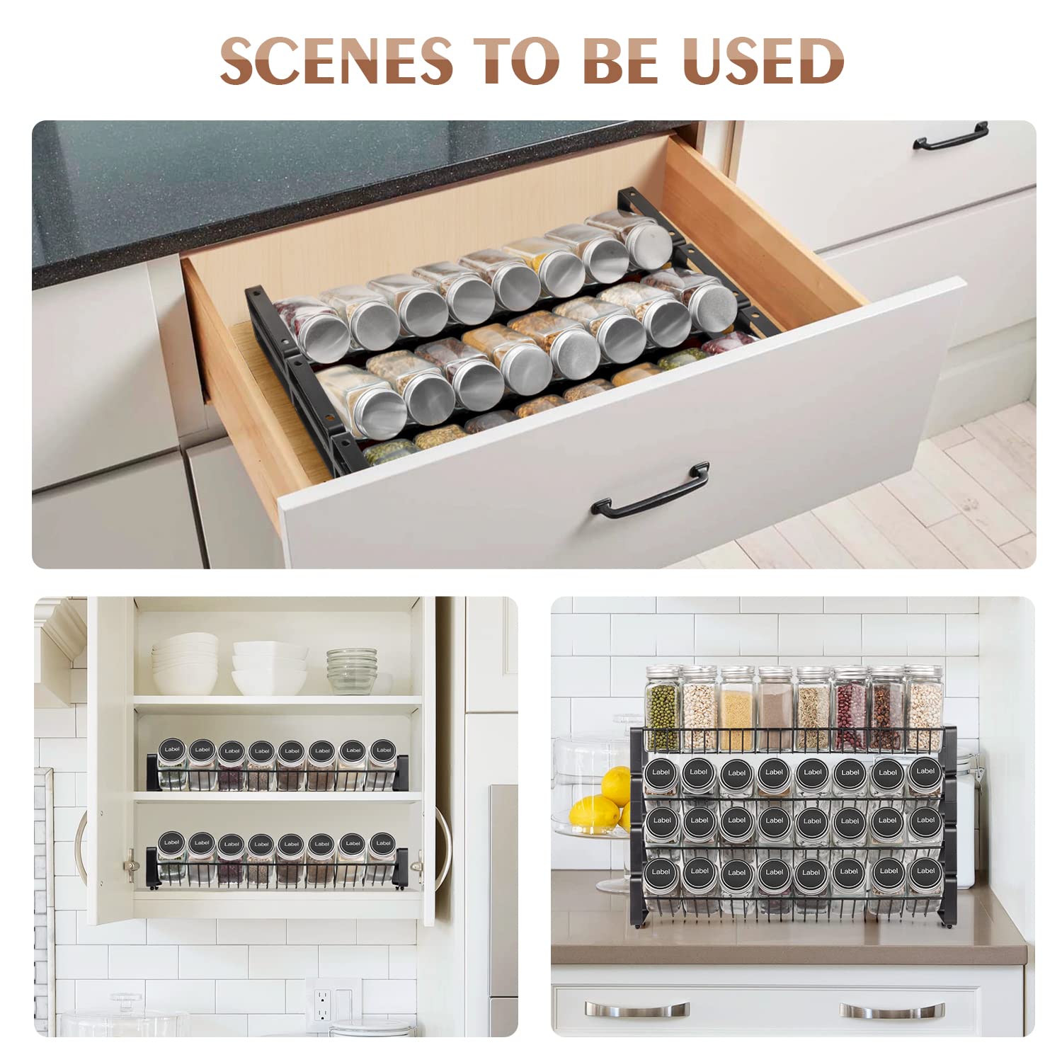 JONYJ 4 Tier Stackable Seasoning Rack Organizer, Detachable Countertop Spice Jar Rack for Cabinet, Freestanding , Black Frosted