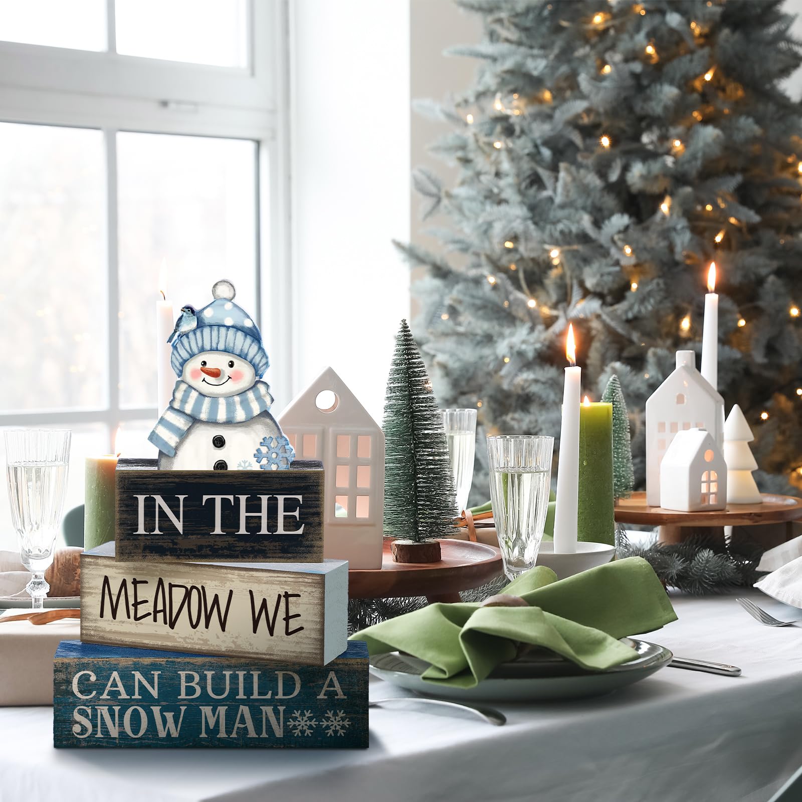 Yuntau 4 Pcs Christmas Table Decorations Wooden Snowman Winter Tiered Tray Decor Rustic Block Signs Gift Farmhouse Christmas Cen