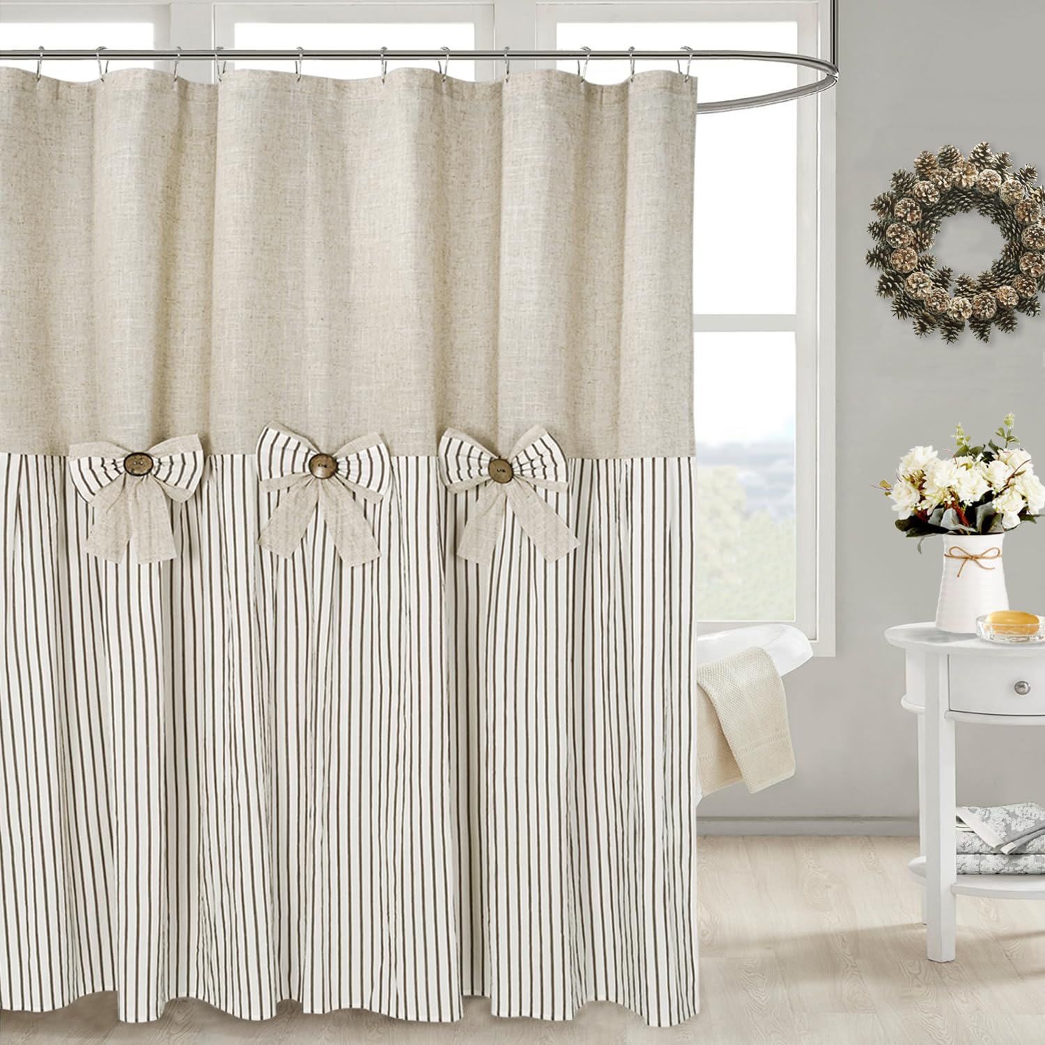 Dosly Ides Linen Button Farmhouse Beige Shower Curtain,Bow Tie,Linen And Cotton Woven Fabric,Pleated Brown Stripe,Country Style,