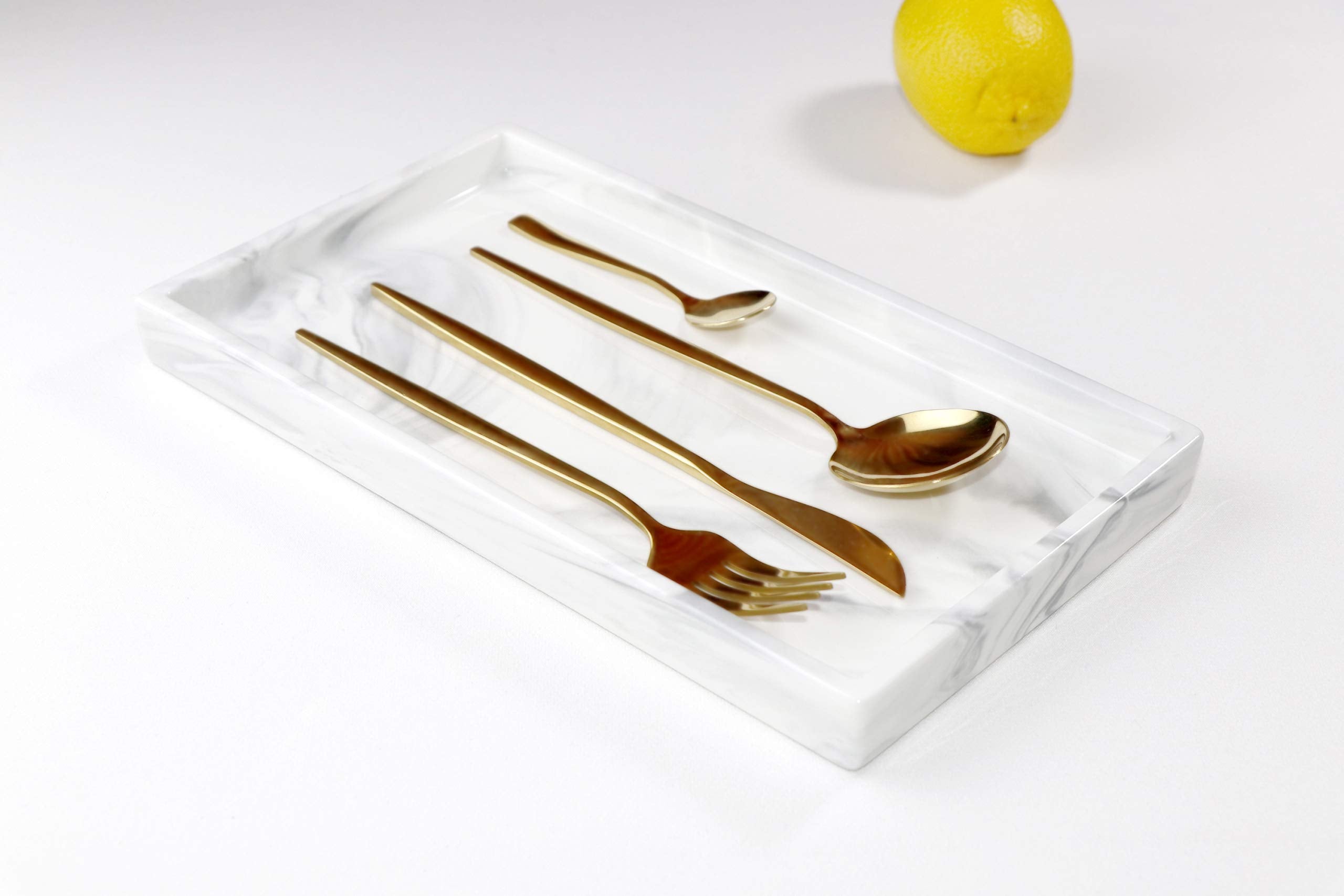 Goporcelain White Marble Bathroom Counter Tray - Ceramic Perfume Organizer And Jewelry Dish For Vanity Dresser