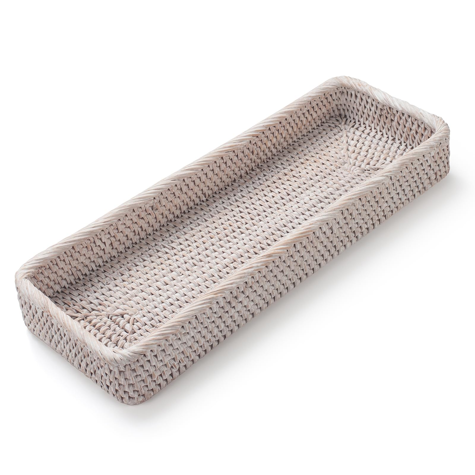 Rattan Bathroom Vanity Trays Toilet Tank Baskets Long Narrow Hand Towel Storage Basket For Storage, Decorative (Whitewash 16.3 X