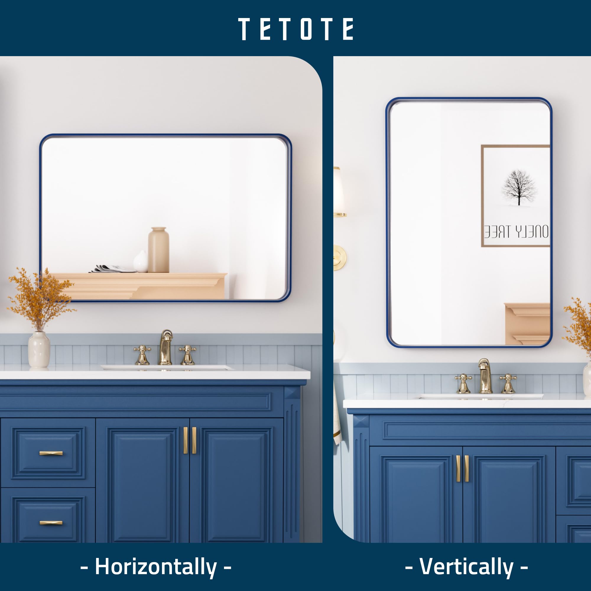 Tetote Navy Blue Bathroom Mirror 24 X 36 Metal Frame Wall Mounted Rectangle Mirror For Vanity With Sandy Textured Surface(Horizo