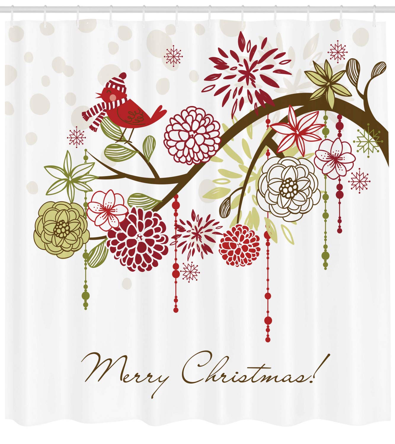 Ambesonne Christmas Shower Curtain, Floral Winter Red Bird Hat And Scarf On Blooming Tree Nature Inspired, Cloth Fabric Bathroom