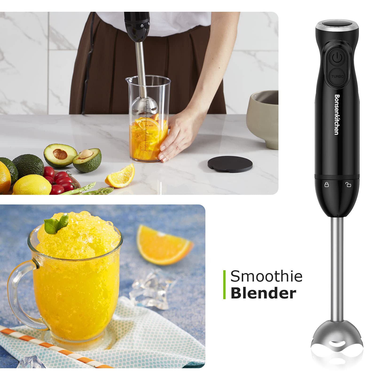 Bonsenkitchen Immersion Blender Handheld, 12-Speed And Turbo Hand Blender Electric With Sharp Blades, 3-In-1 Hand Held Stick Ble