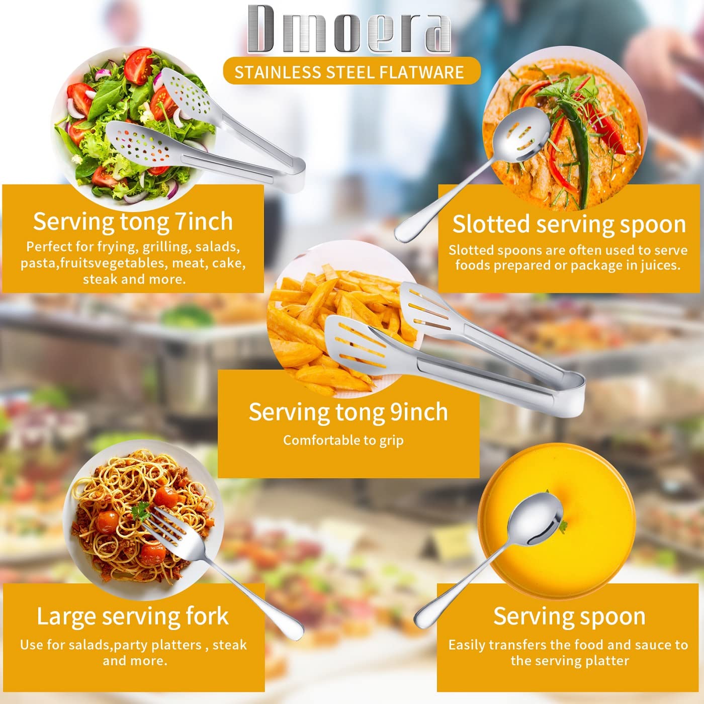 8 Pieces Stainless Steel Flatware Serving Utensils, Include 2 Serving Spoons, 2 Slotted Spoons, 2 Tongs And 2 Forks For Party Bu