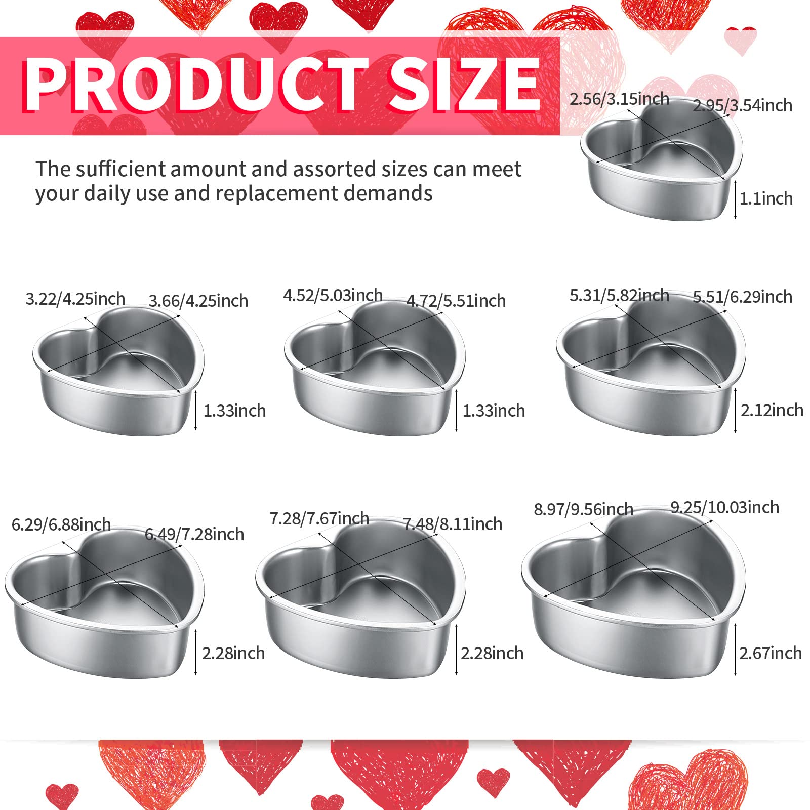 Sieral 7 Pcs Aluminum Heart Shaped Cake Pans Set 3/4/ 5/6/ 8/10 Inch Diy Nonstick Baking Pan With Removable Bottom Cake Dessert