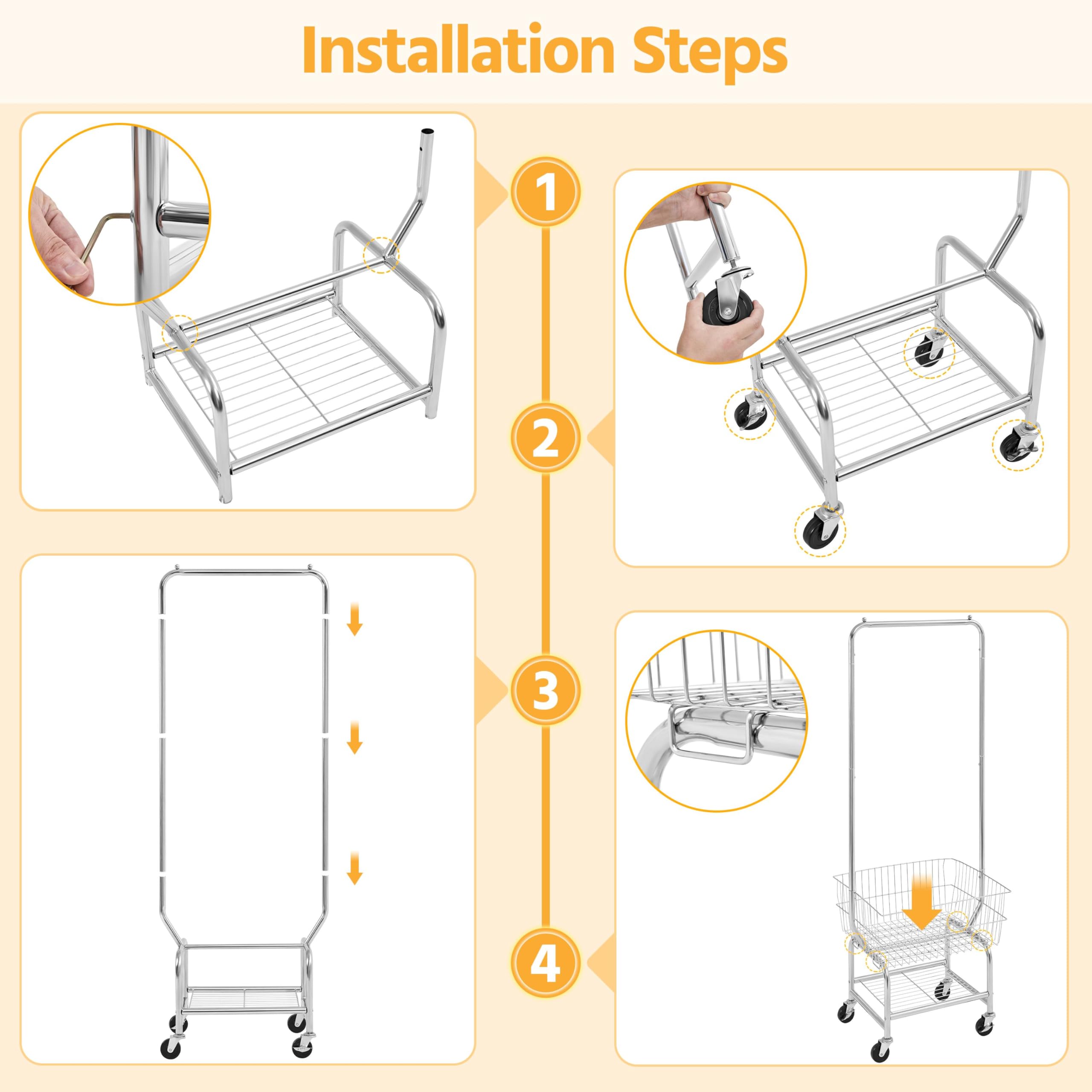 Yaheetech Laundry Cart With Wheels, Rolling Laundry Bakset With Hanging Rack, Silver Laundry Organizer, Chrome-Plated Metal Wire