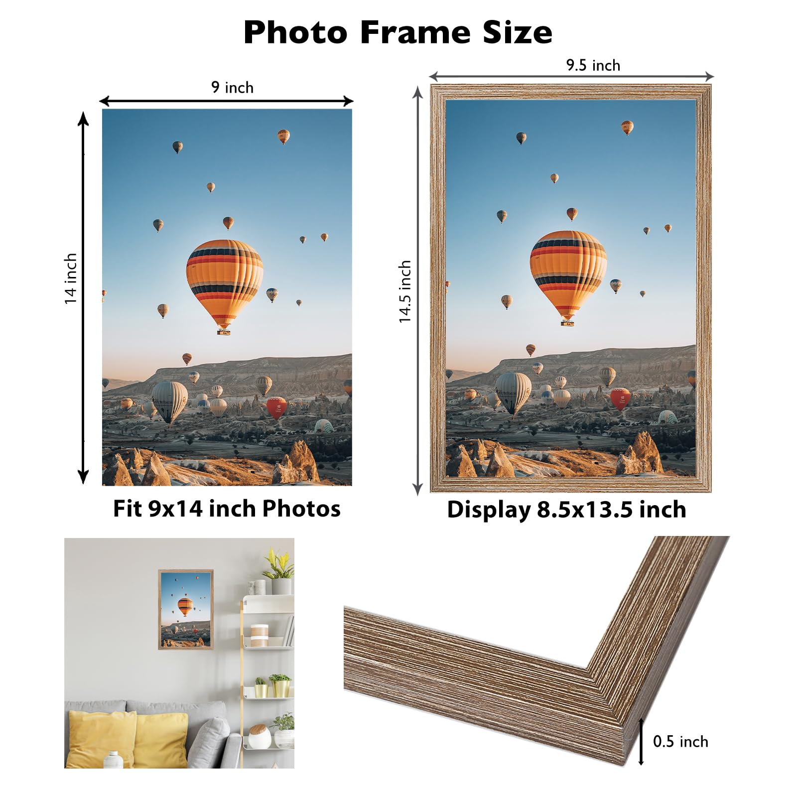 JCJMY 9x14 Picture Frame Rustic Brown for Wall Hanging, Wall Mounting Horizontally or Vertically, 9 x 14 Wall Gallery Poster Pho