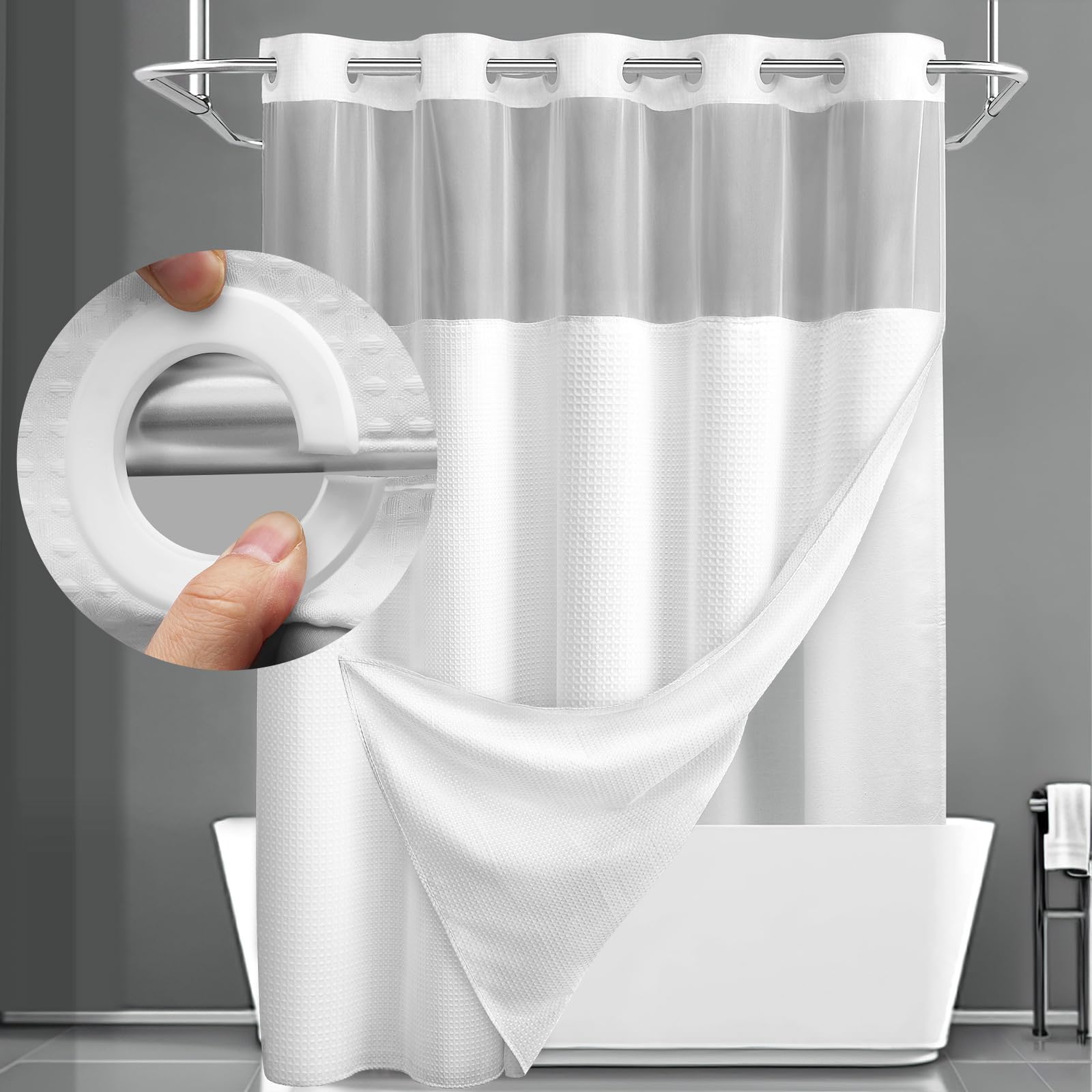 YellyHommy No Hook Shower Curtain with Snap in Fabric Liner Set Less Time White Waffle Shower Curtain for Bathroom 78 L x 72 W