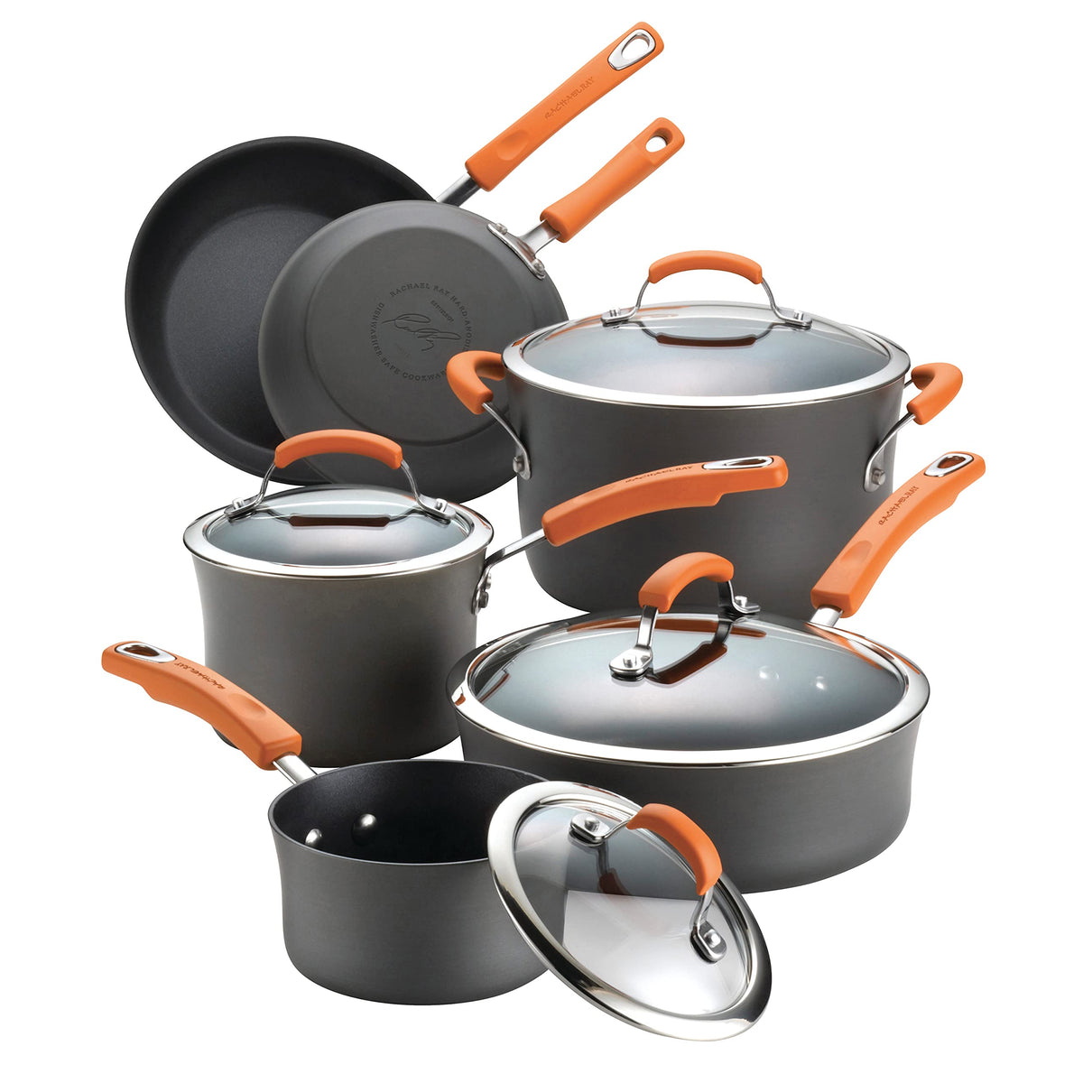 Rachael Ray Brights Hard-Anodized Aluminum Nonstick Cookware Set with Glass Lids, 10-Piece Pot and Pan Set, Gray with Orange Han