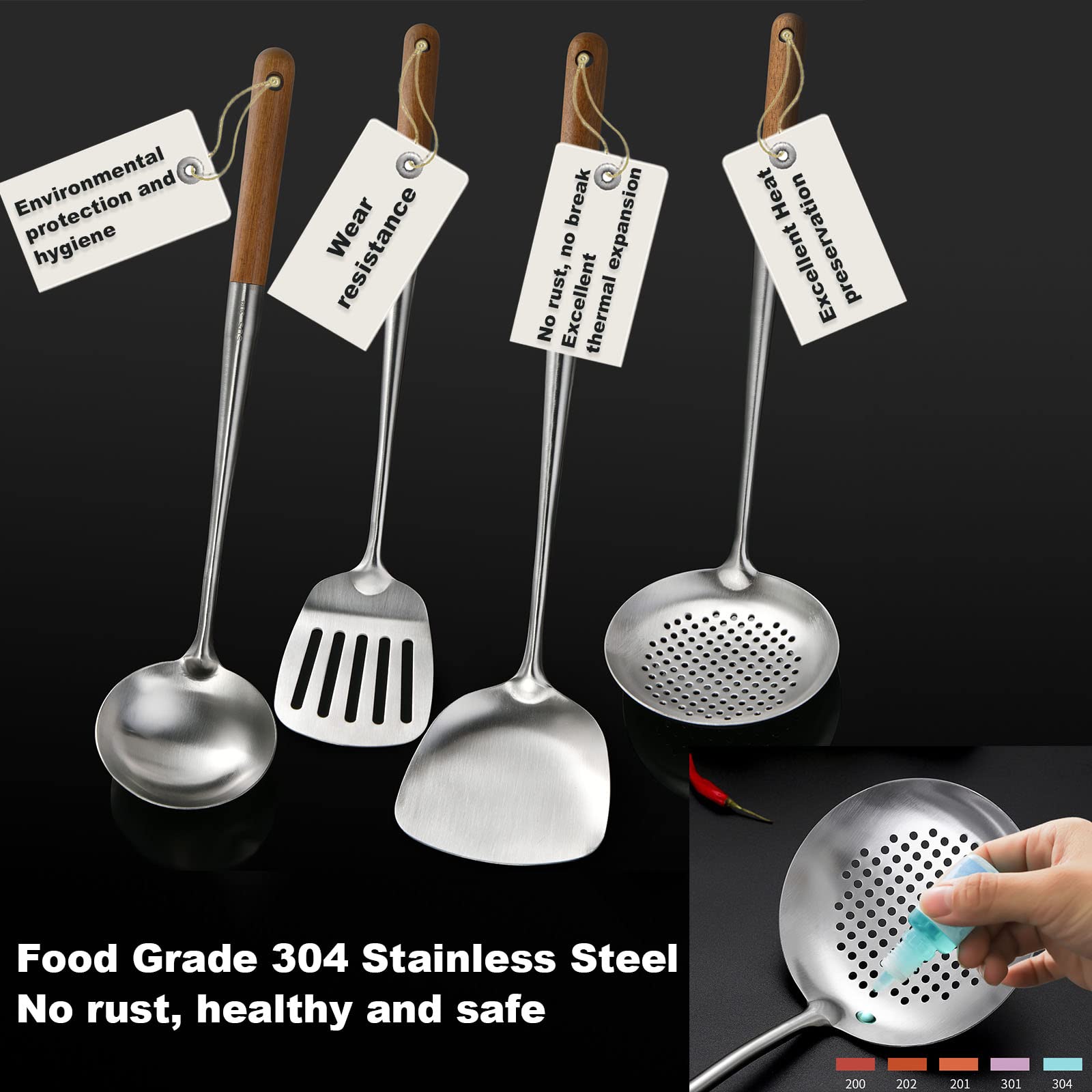 Niitawh Wok Utensils For Carbon Steel, Stainless Steel Wok Spatula Metal, 4-Pieces 17 Inch Extra Long, Wok Tools Professional Se