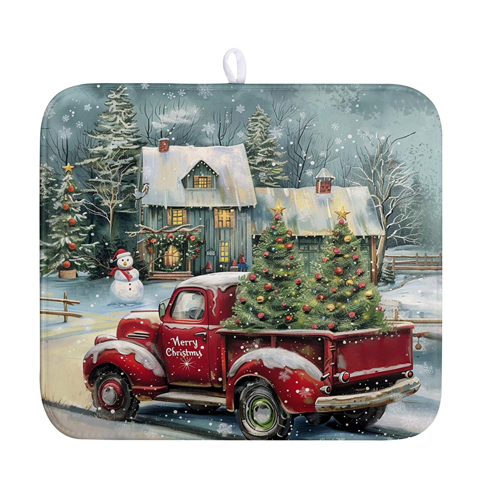 Vintage Snowman Christmas Kitchen Drying Mats - Red & Green Xmas Tree Pattern - Absorbent Microfiber Dish Rack Pads - 16x18 - Me