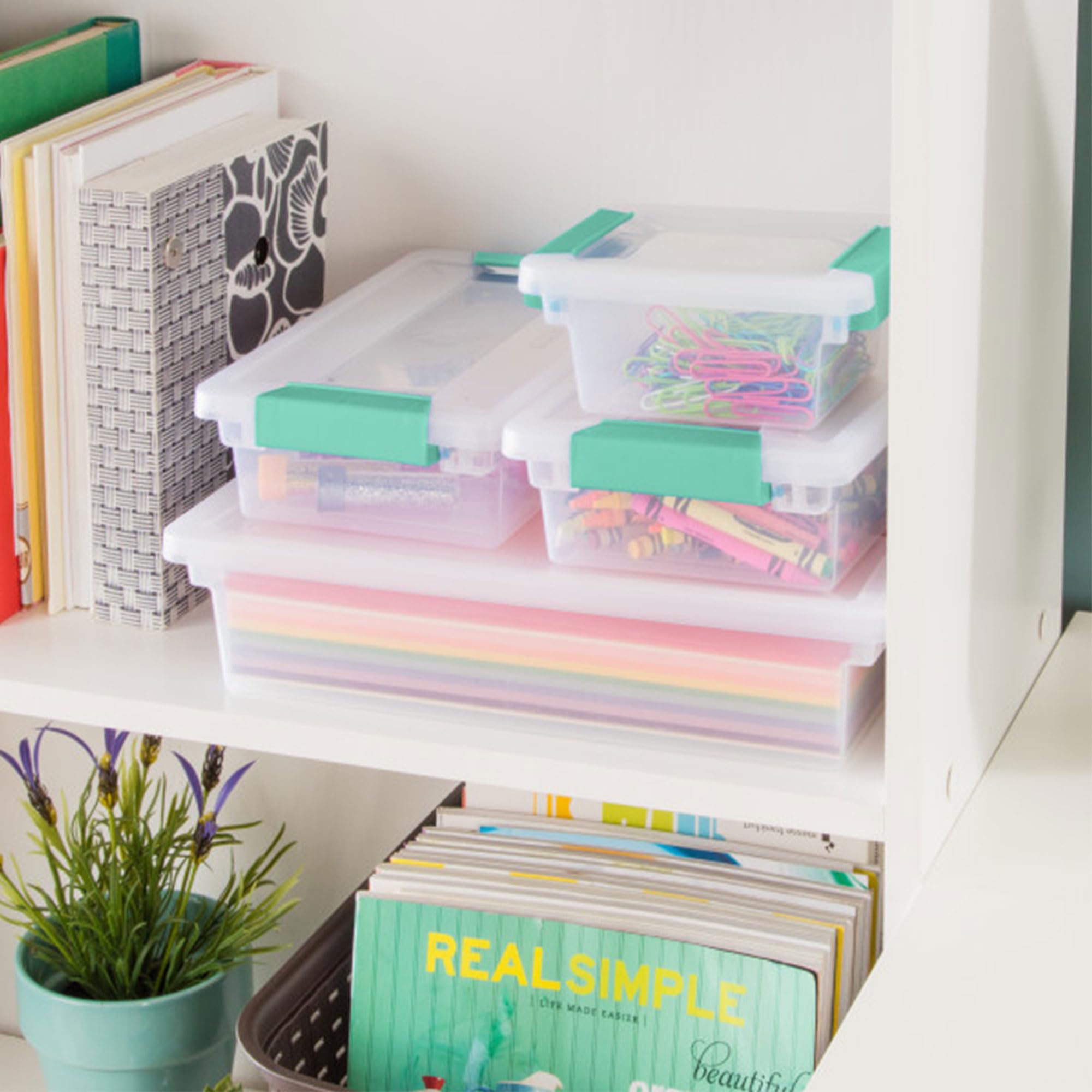 Sterilite Large Clip Box  Stackable Small Storage Bin with Latching Lid  Plastic Container to Organize Paper  Office  Clear Base and Lid  6-Pack