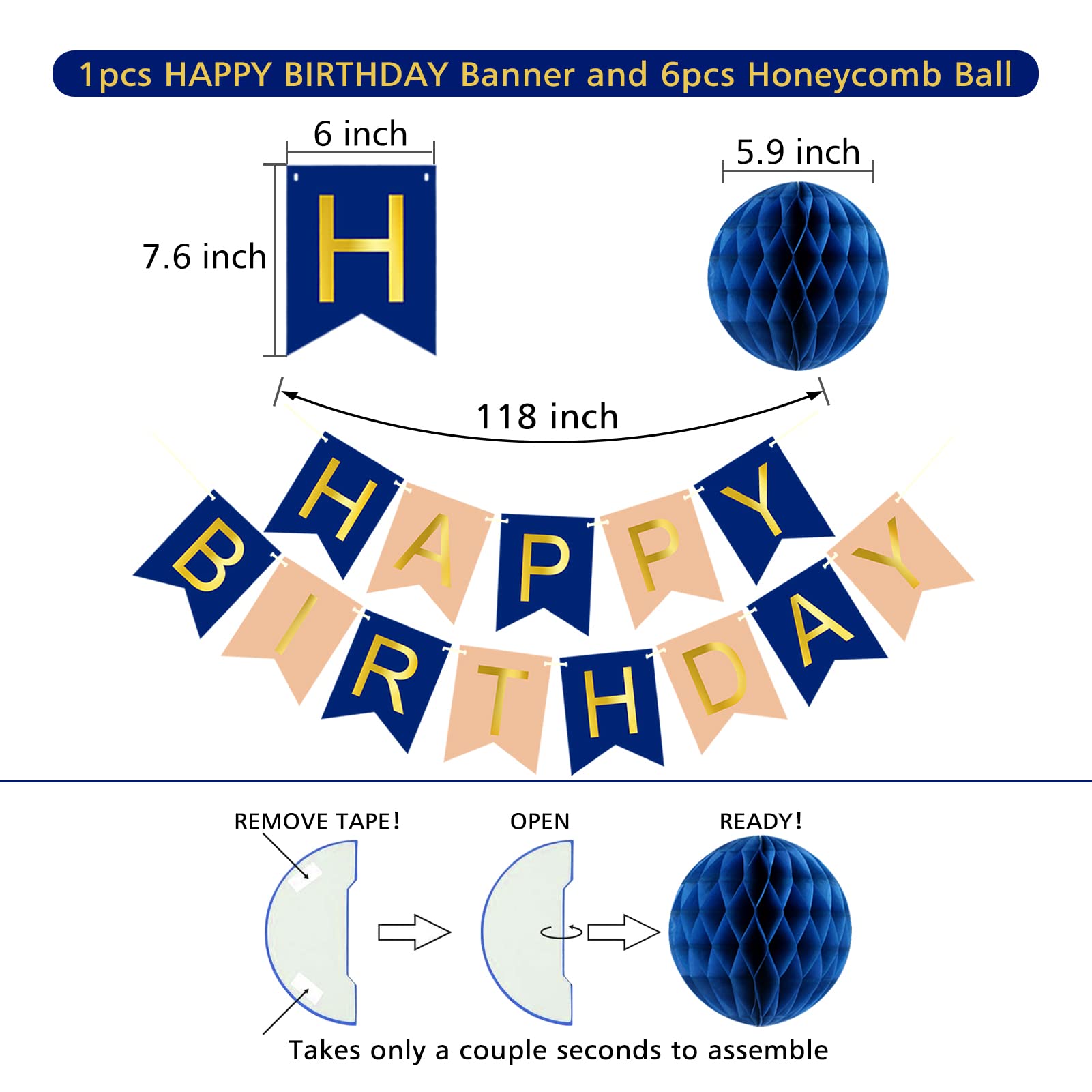 Navy Rose Gold Birthday Decorations With Happy Birthday Banner, Honeycomb Balls, Metallic Hanging Swirls And Circle Parper Garla