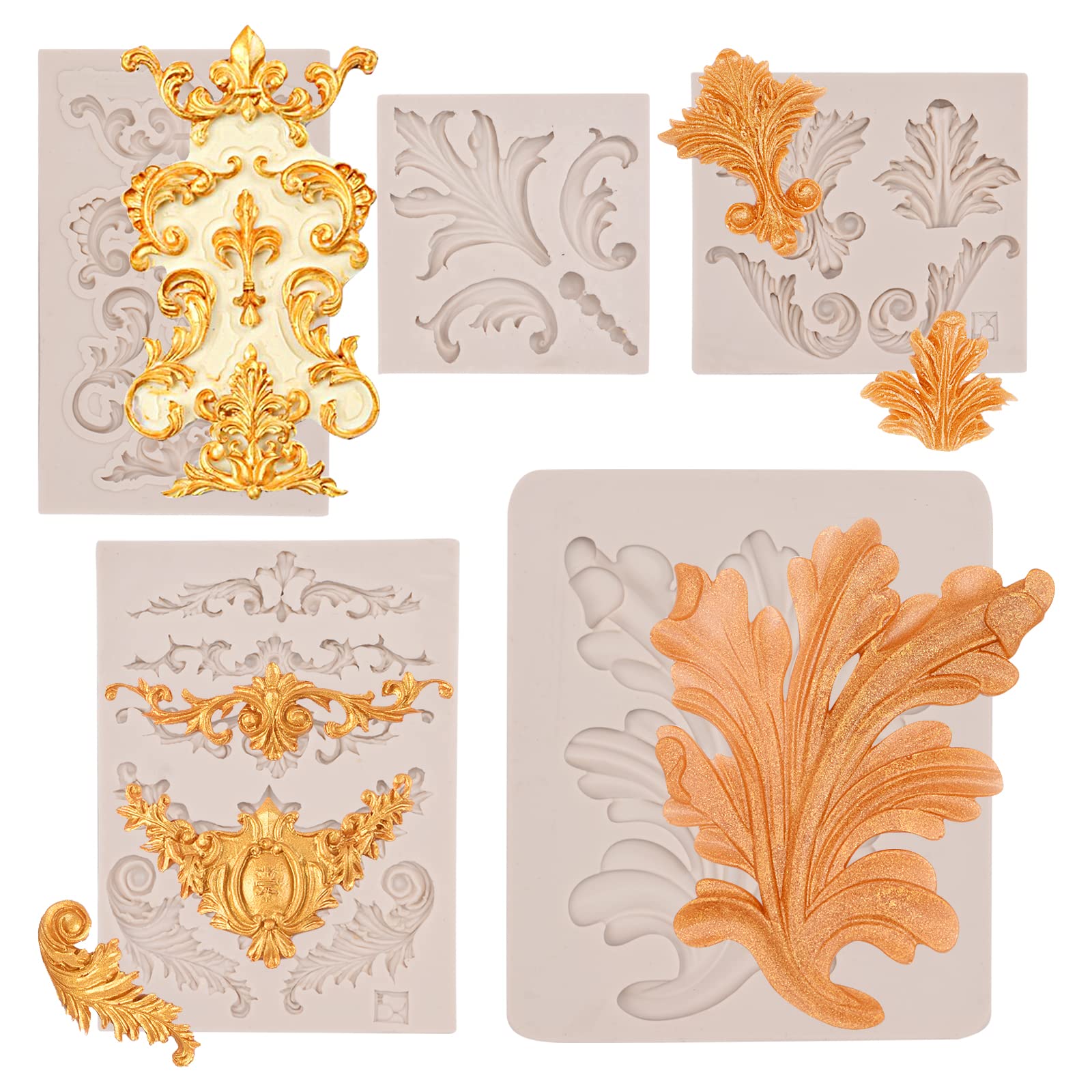 Baroque Feather Relief Candy Chocolate Silicone Molds (5 Pcs) European Embossed Pattern Petal Fern Leaf Fondant Molds For Making