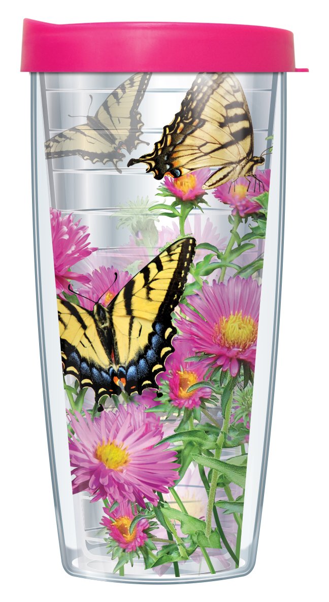 Signature Tumblers Tiger Swallowtail Butterflies On Pink Daisies Wrap On Clear 16 Ounce Double-Walled Travel Tumbler Mug With Ho