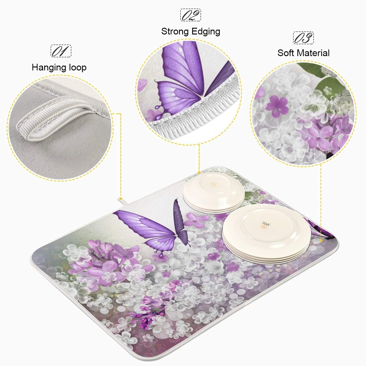 Butterflies Flowers Purple Dish Drying Mat For Kitchen, Absorbent Microfiber Drying Pad Dish Mat, 16'' X 18''