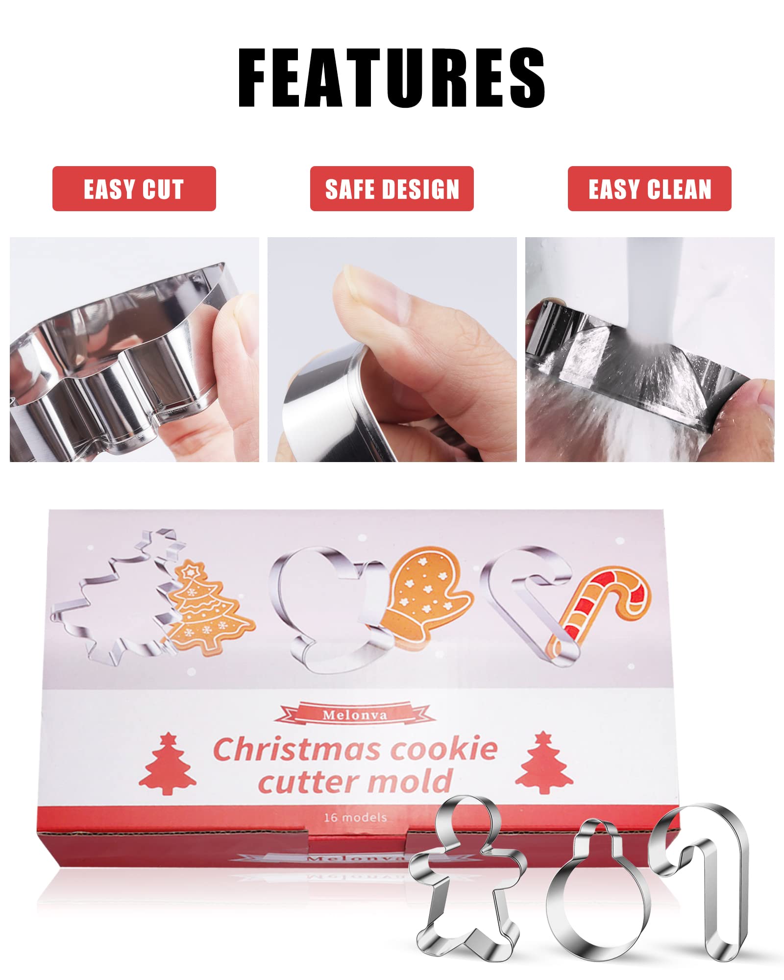 16 Pcs Christmas Cookie Cutters Winter Set With Decorating Instructions Stainless Steel Gingerbread Man Tree Snowflake Candy Can