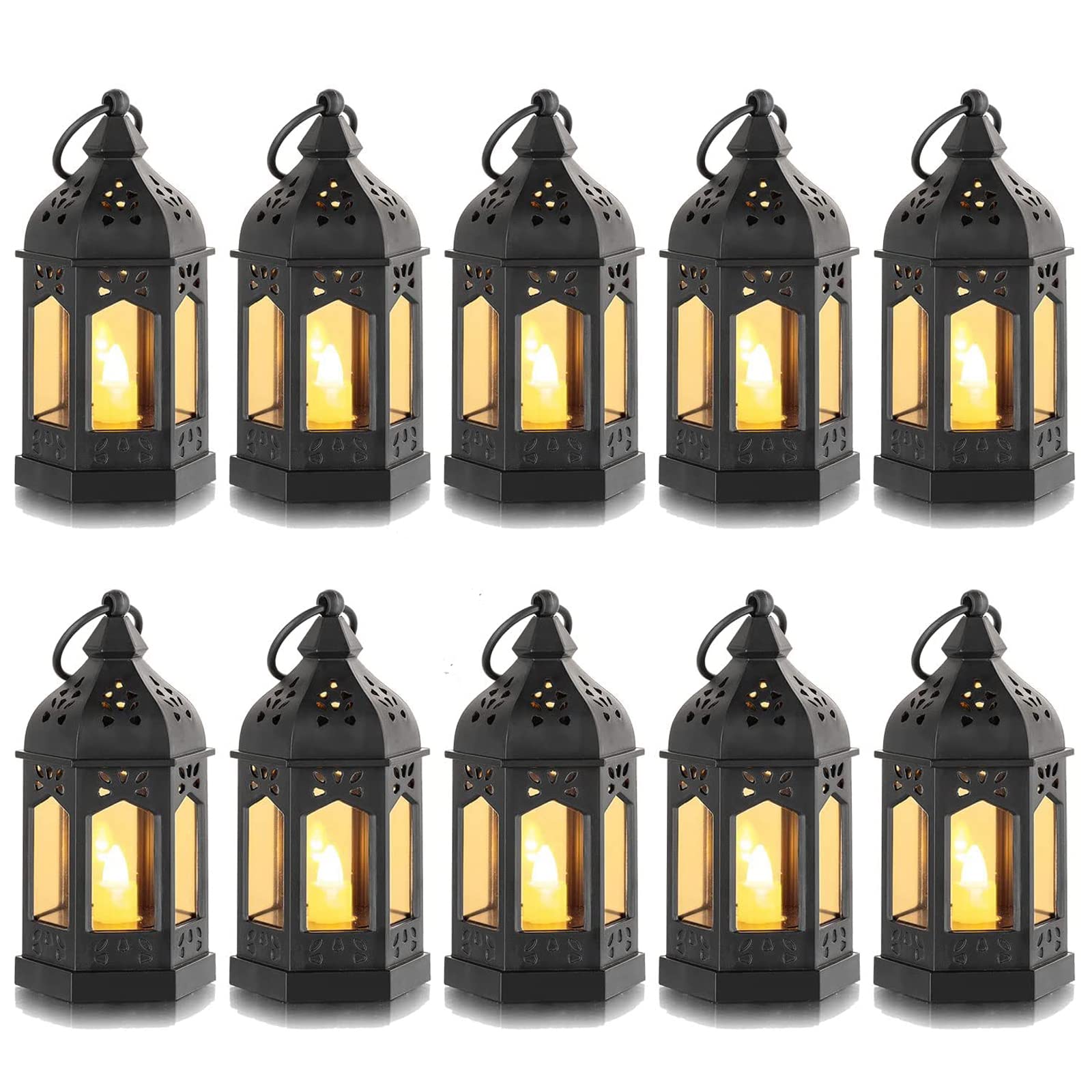 Mini Lantern with Flickering LED Candles Set of 10, Hewory Black Vintage Decorative Hanging Candle Lanterns for Halloween, Chris