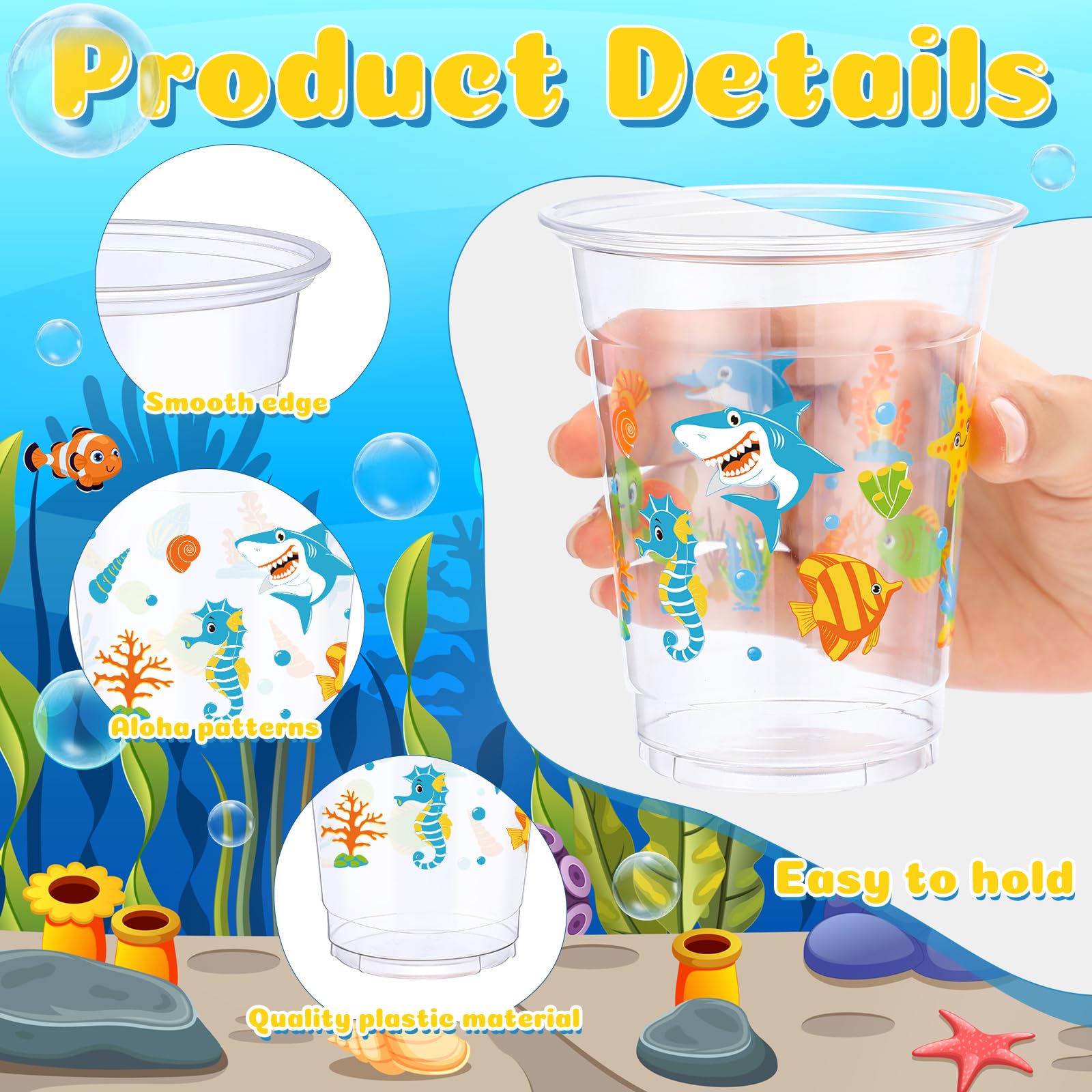 Yaomiao 50 Pieces Sea Animals Cups 12 Oz Bulk Ocean Disposable Plastic Cups Under The Sea Drinking Beverage Cups For Birthday Ba