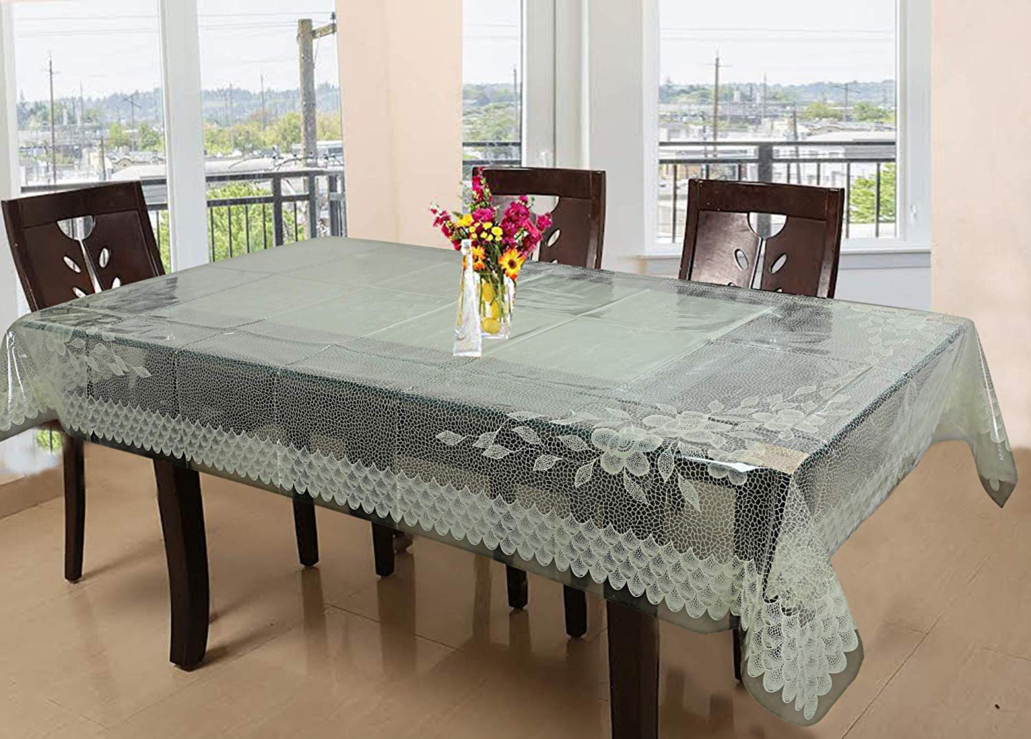 Kuber Industries Floral Pvc 6 Seater Dining Table Cover - Cream