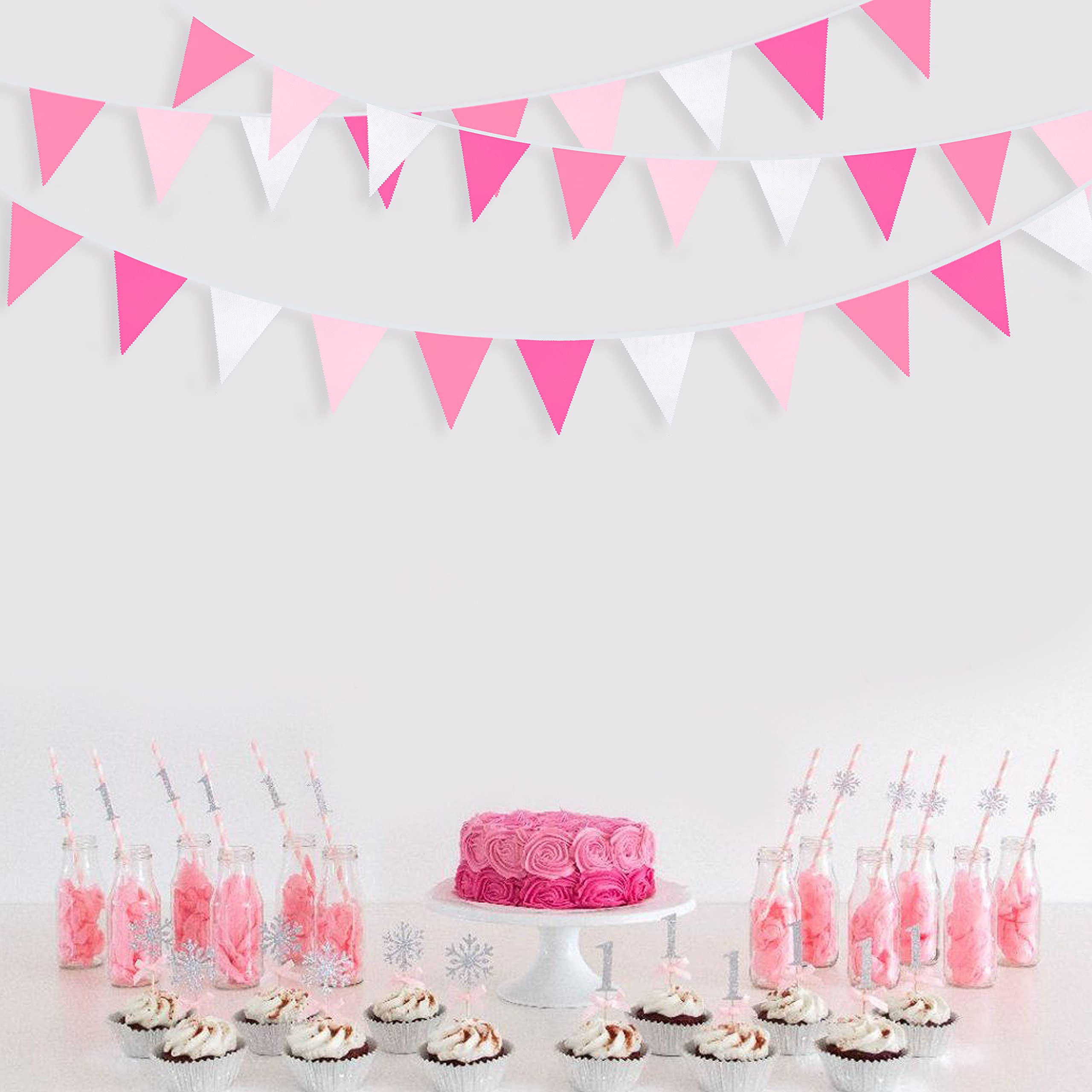 32Ft Rose Hot Pink Pennant Banner Fabric Triangle Flag Cotton Bunting Garland Kit For Wedding Birthday Baby Shower Anniversary P