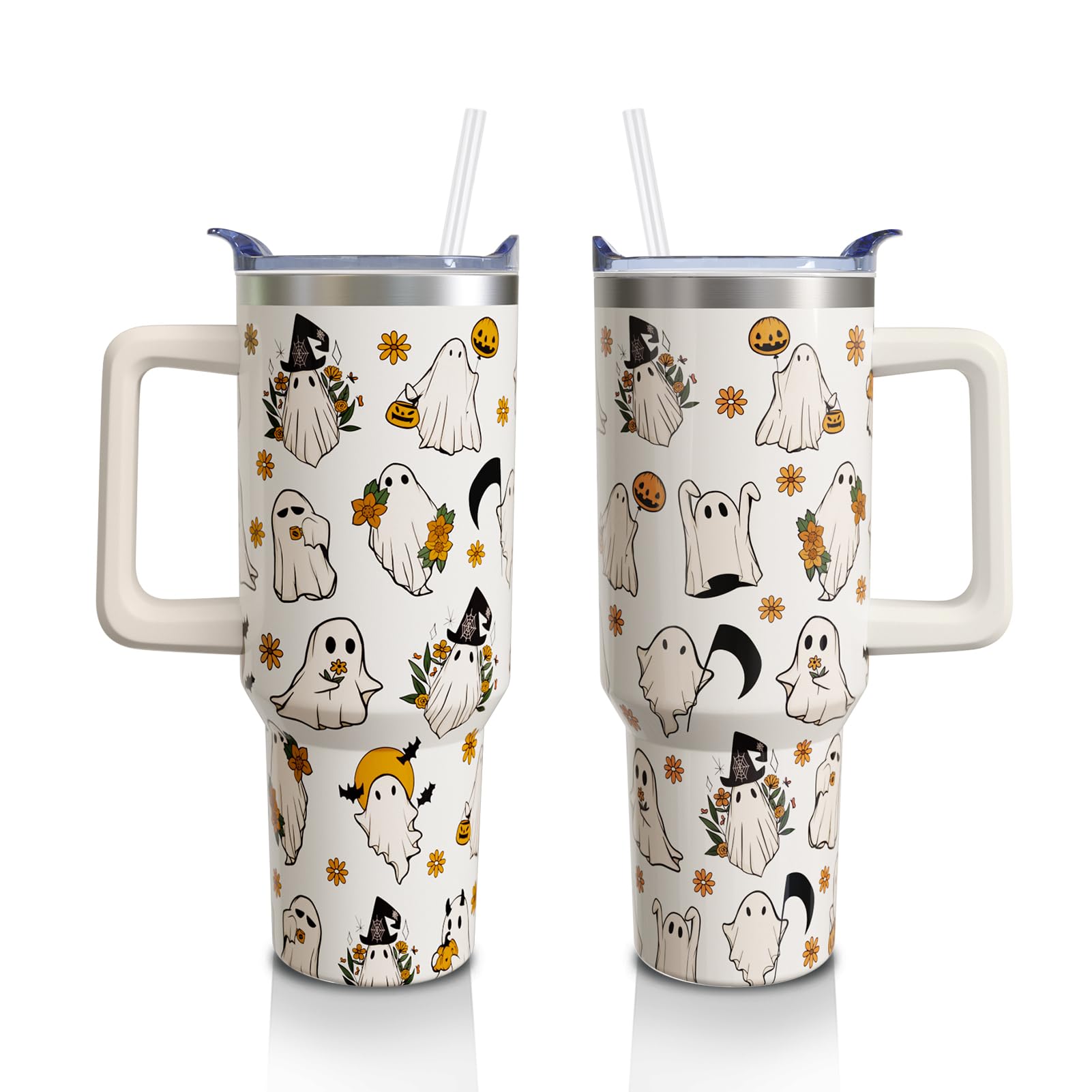 Aokoyi Halloween Ghost 40 Oz Tumbler With Handle and Straw, Cute Spooky Stainless Steel Insulated Cup Water Bottle, Holiday Gift
