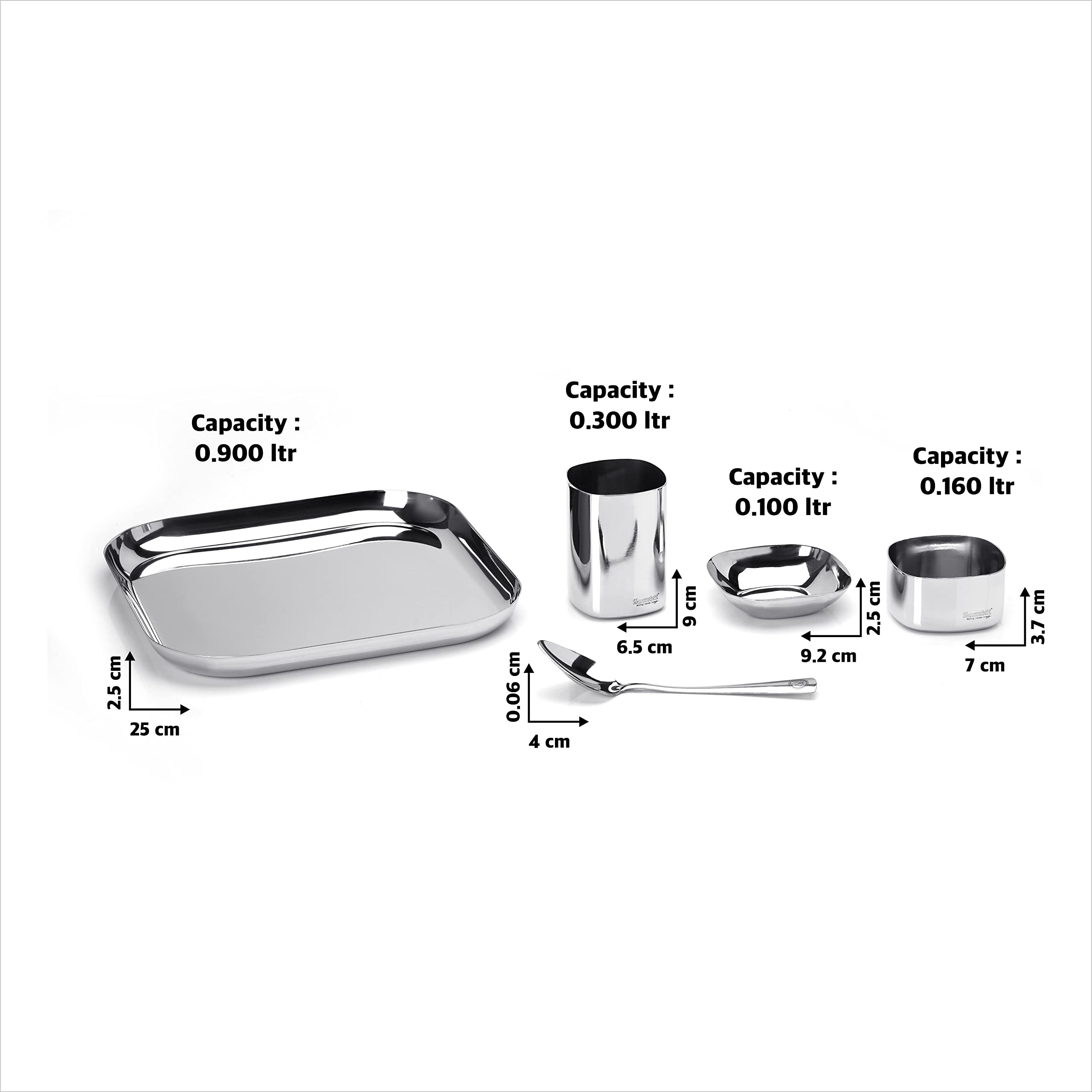 Sumeet Square Stainless Steel Heavy Gauge Mirror Finish Dinner Set Of 5 Pc (1 Plate, 1 Halwa Plate, 1 Bowl, 1 Glass, 1 Spoon)