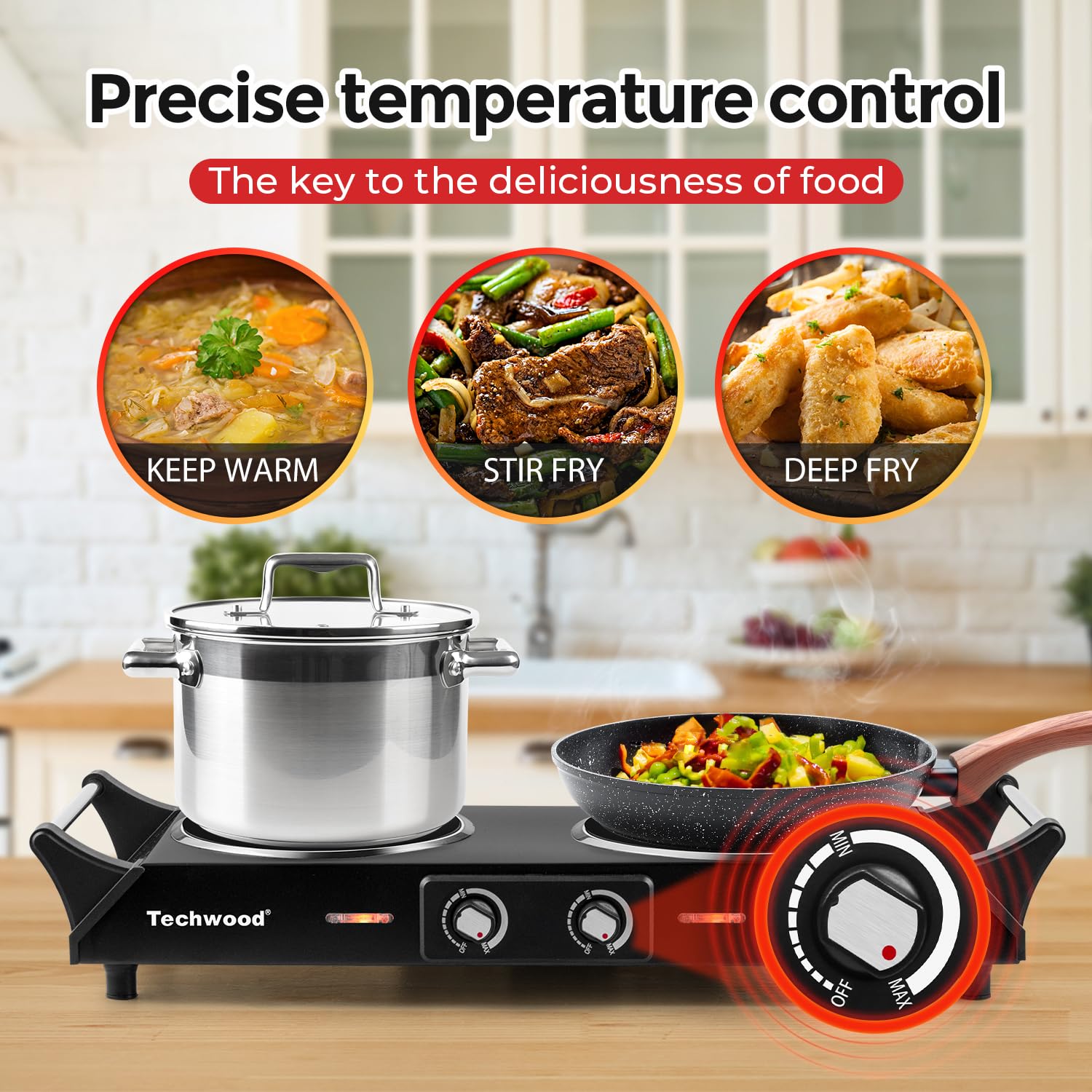 Hot Plate  Techwood 1800W Electric Stove  Countertop Double Burners for Cooking  Infrared Ceramic Dual Cooktops  Brushed Stainless Steel  Black