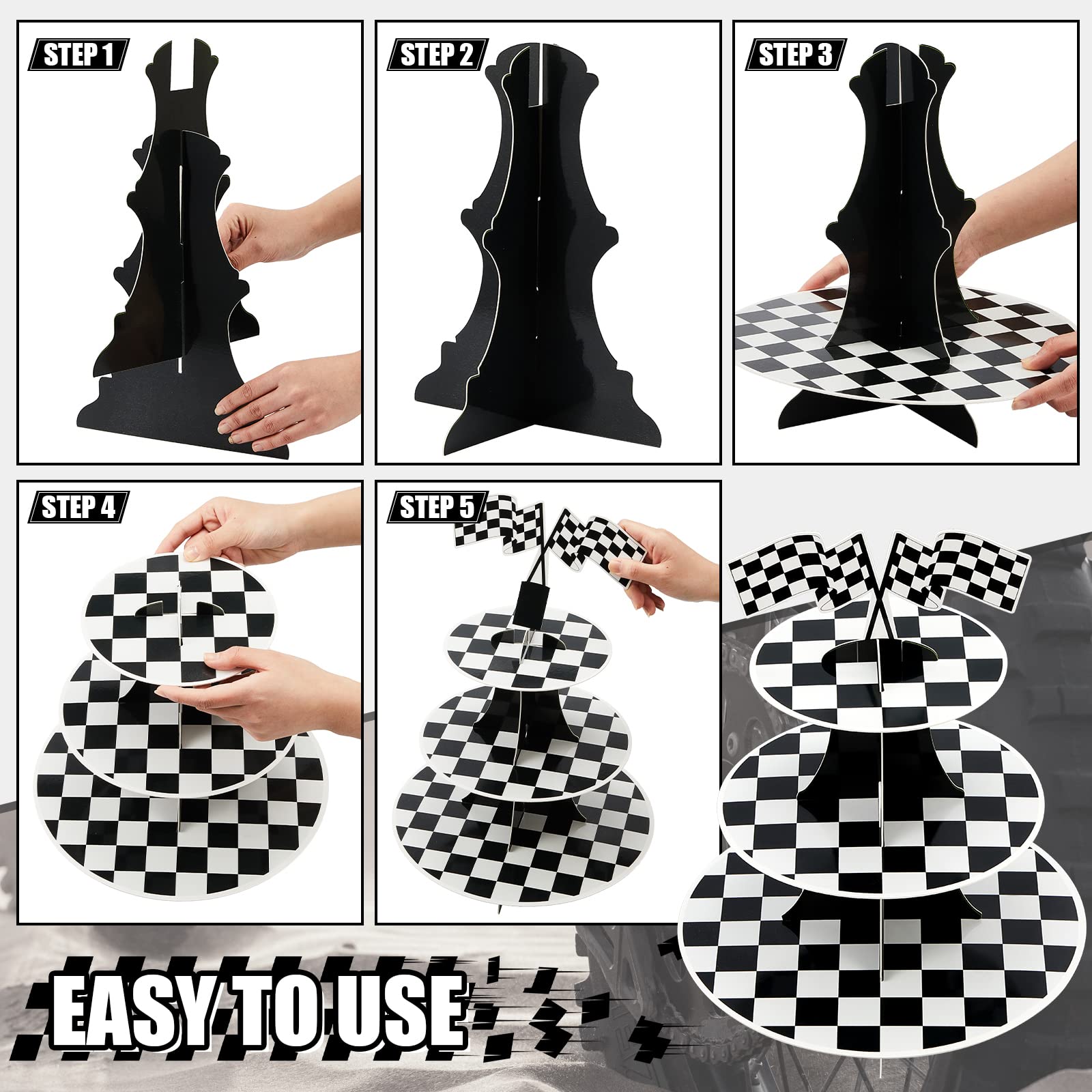3 Sets Race Car Party Decorations 3 Tier Round Cardboard Cupcake Stand For Racing Cars Birthday Party Supplies 100 Checkered Bak