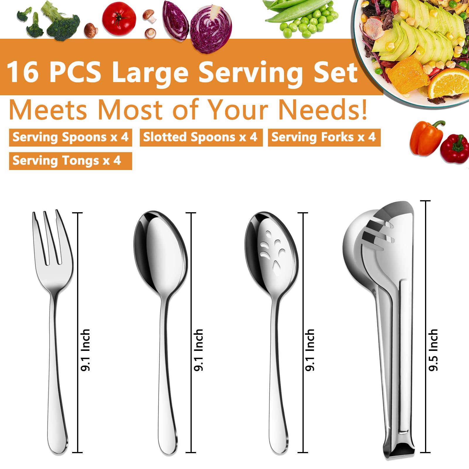 Bewos Serving Utensils, 16-Piece Large Serving Set, 9.1    Serving Spoons, 9.1    Slotted Spoons, 9.1    Serving Forks, 9.5    S