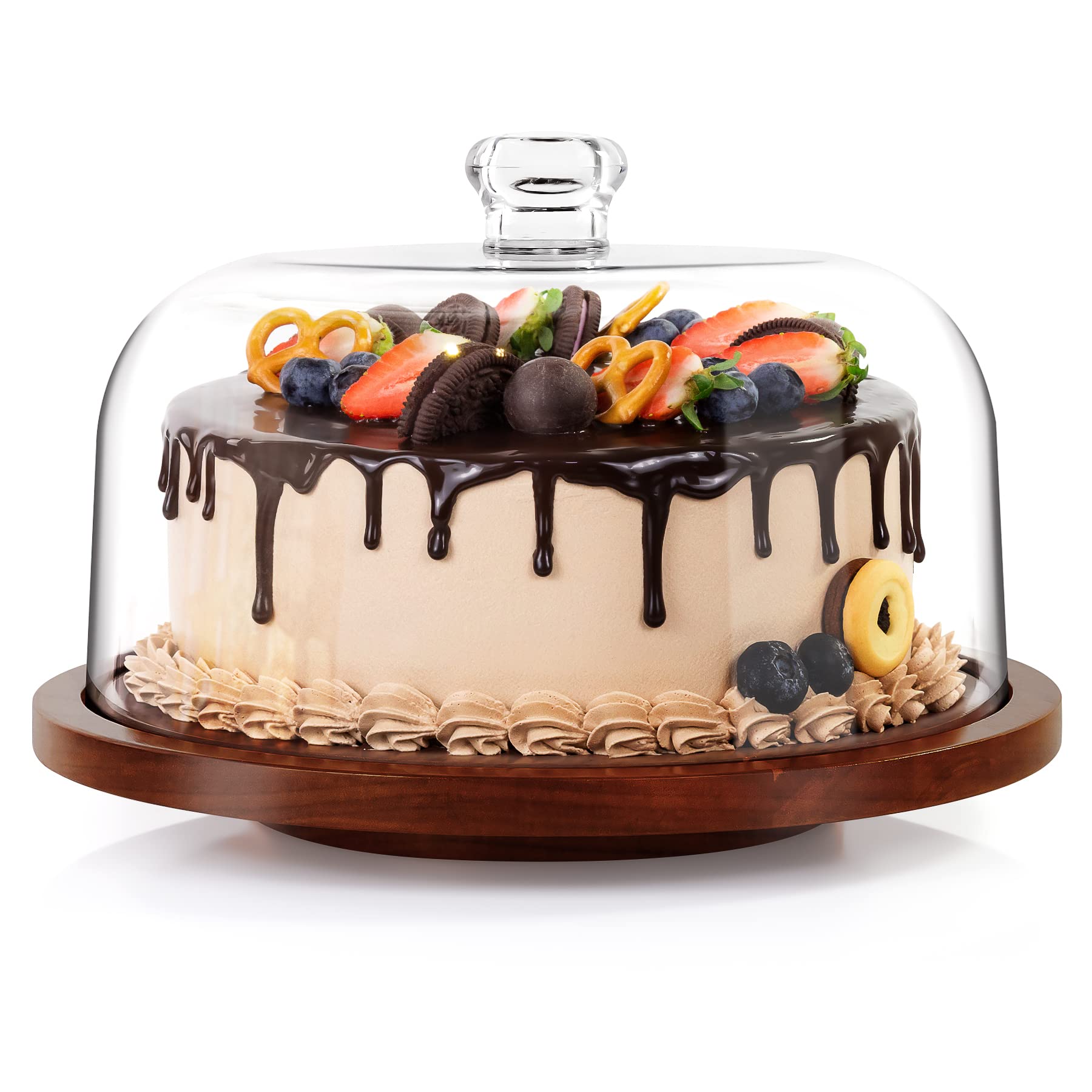 Cake Stand With Acrylic Dome, Rotating Cake Plate Acacia Wood Cake Stand With Acrylic Lid, Cake Display Server Tray, Cake Decora