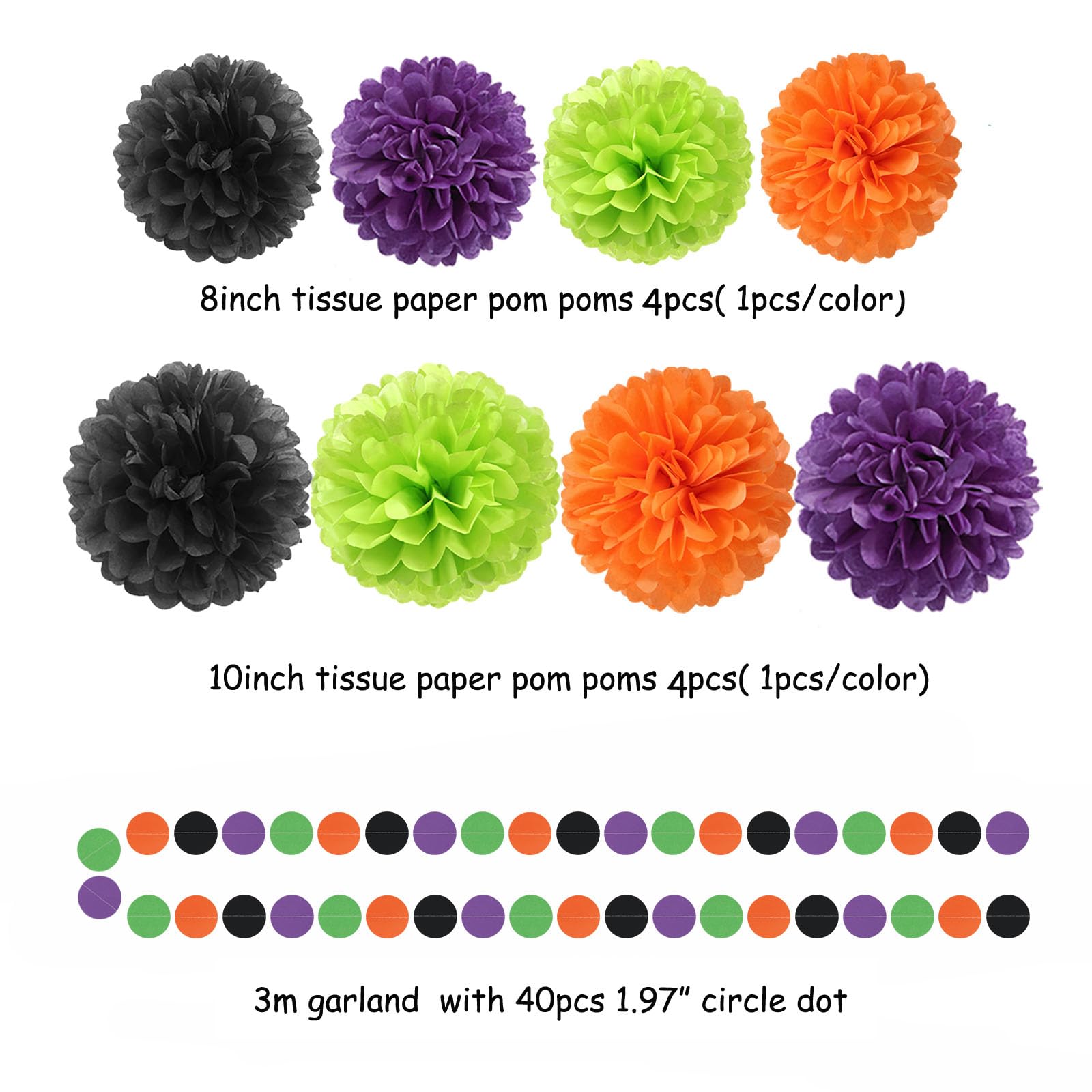 Black-Purple Orange Green Halloween Party-Decorations - 30Pcs Tissue Pom Poms Streamers,Tassel Garland Banner,Birthday Wedding B