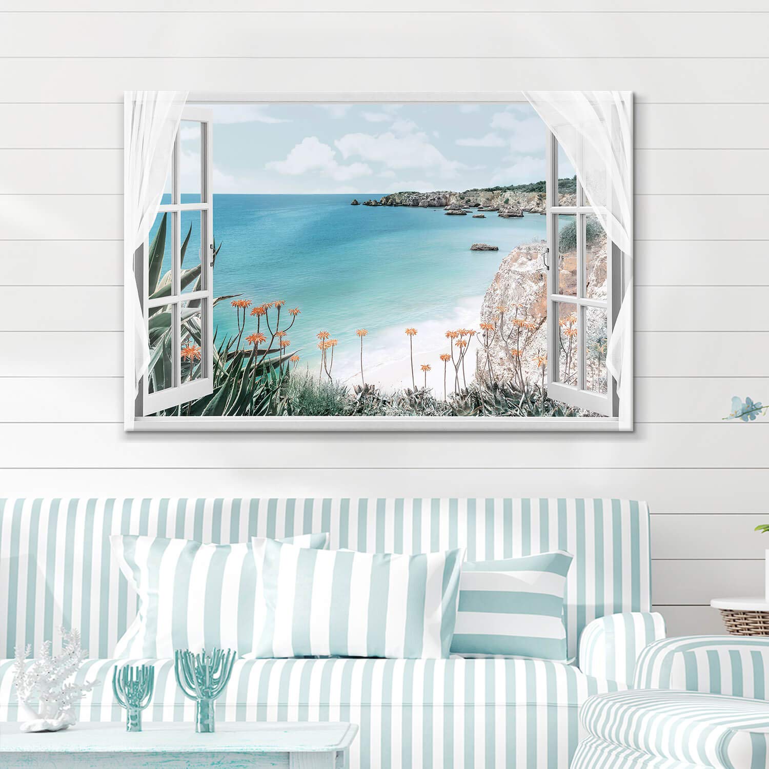Hardy Gallery Coastal Painting Seascape Wall Art: Open Window View Picture Blue Ocean & Beach Artwork On Canvas For Bedroom (45