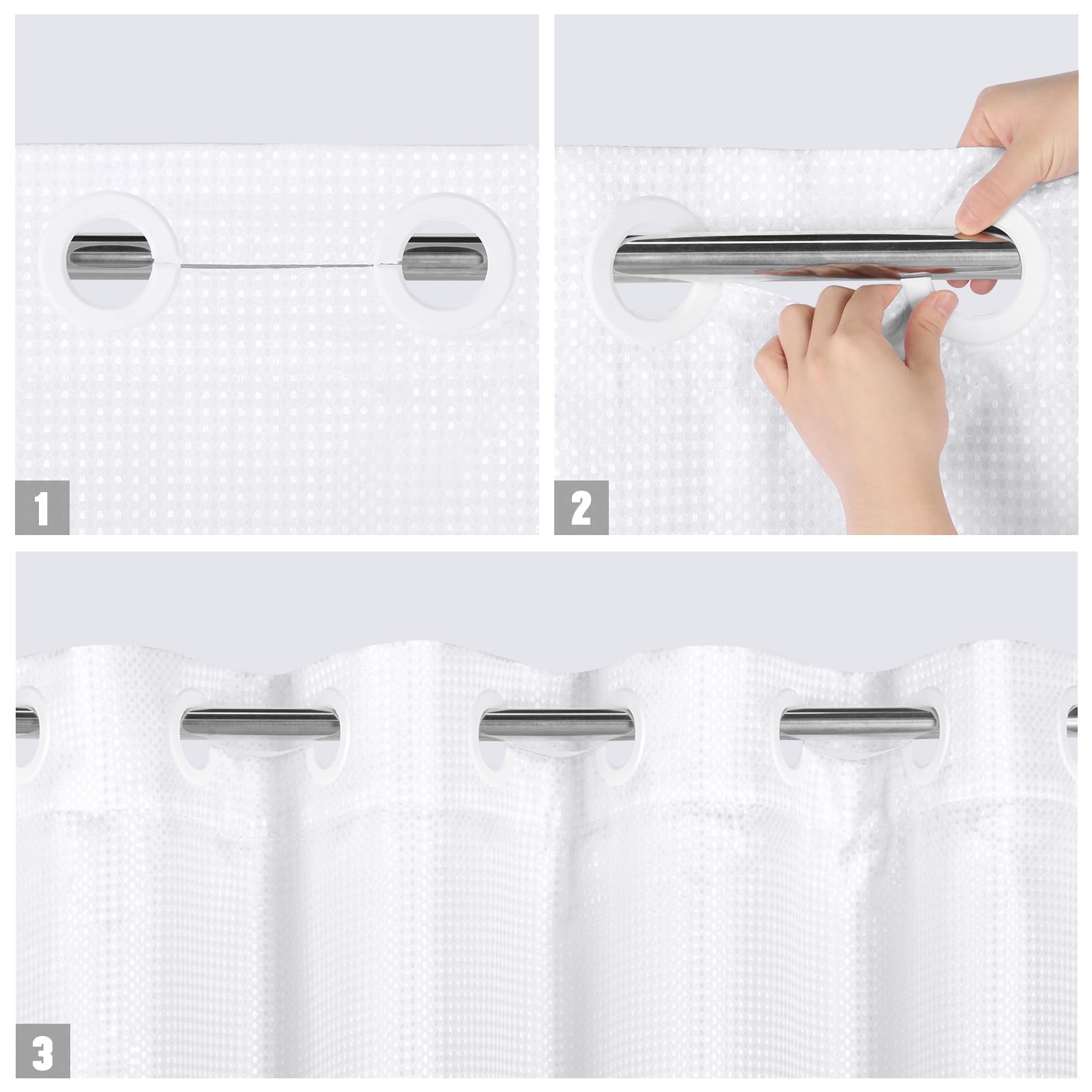 Mitovilla No Hooks Needed Grey Ombre Waffle Shower Curtain With Snap-In Liner, Modern Waffle Weave Heavy Duty Fabric Cloth Showe