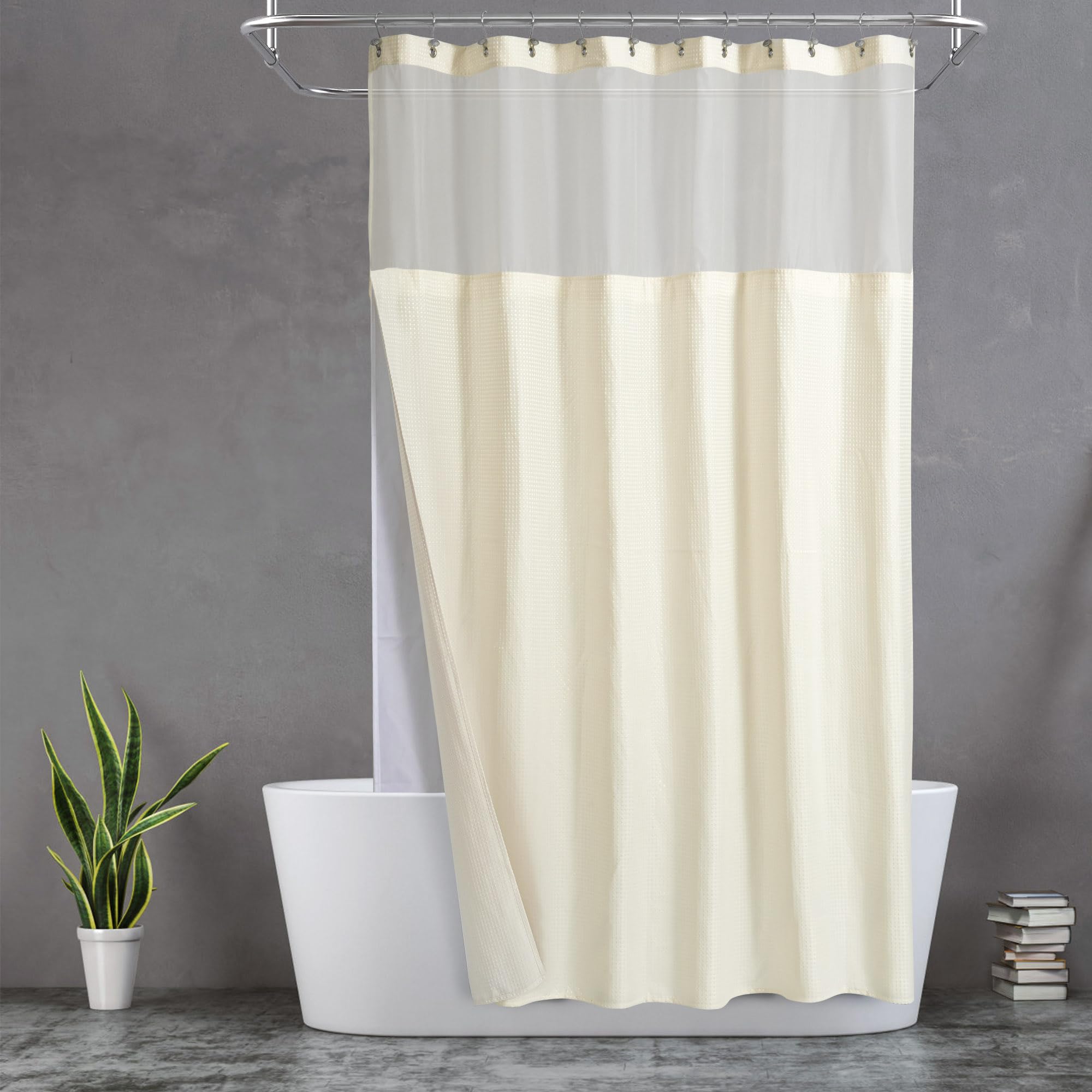 N&Y Home Extra Long Cream Waffle Weave Shower Curtain With Snap-In Fabric Liner & Hooks Set - 71'' X 84'', Hotel Style & Mesh To