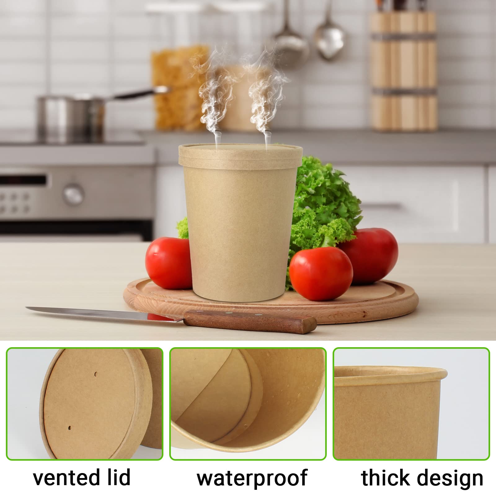 Belinlen 30 Sets 32 oz Paper Ice Cream Cups with Lids  Paper Food Containers With Vented Lids  To Go Hot Soup Bowls For Restaurants  Take Outs  or To-Go Lunch  Kraft