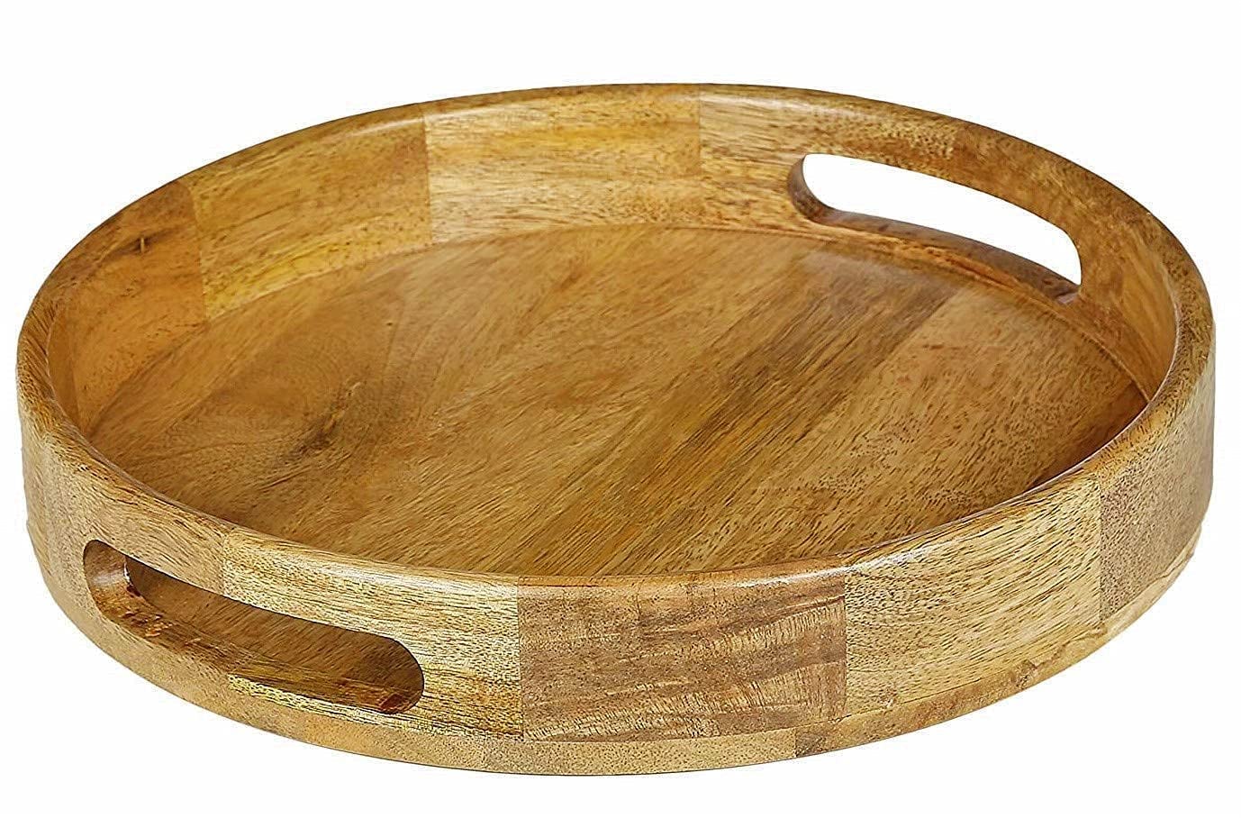 KhushimitPure Wood Crafts Finish Round Serving Tray Wood Handcrafts |Beautiful Table Decor Round Shape Wooden Serving Tray For C