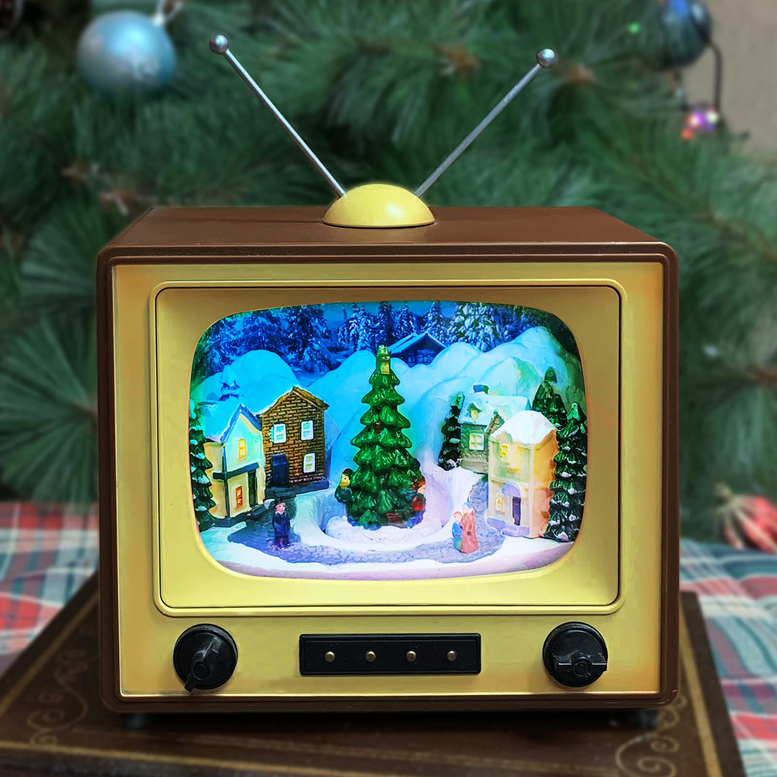 Moments in Time 6 H Animated Retro TV with Snowy Vilage Home Scene (Moving Tree) with LED Lights, 8 Classic Carols Christmas Mus